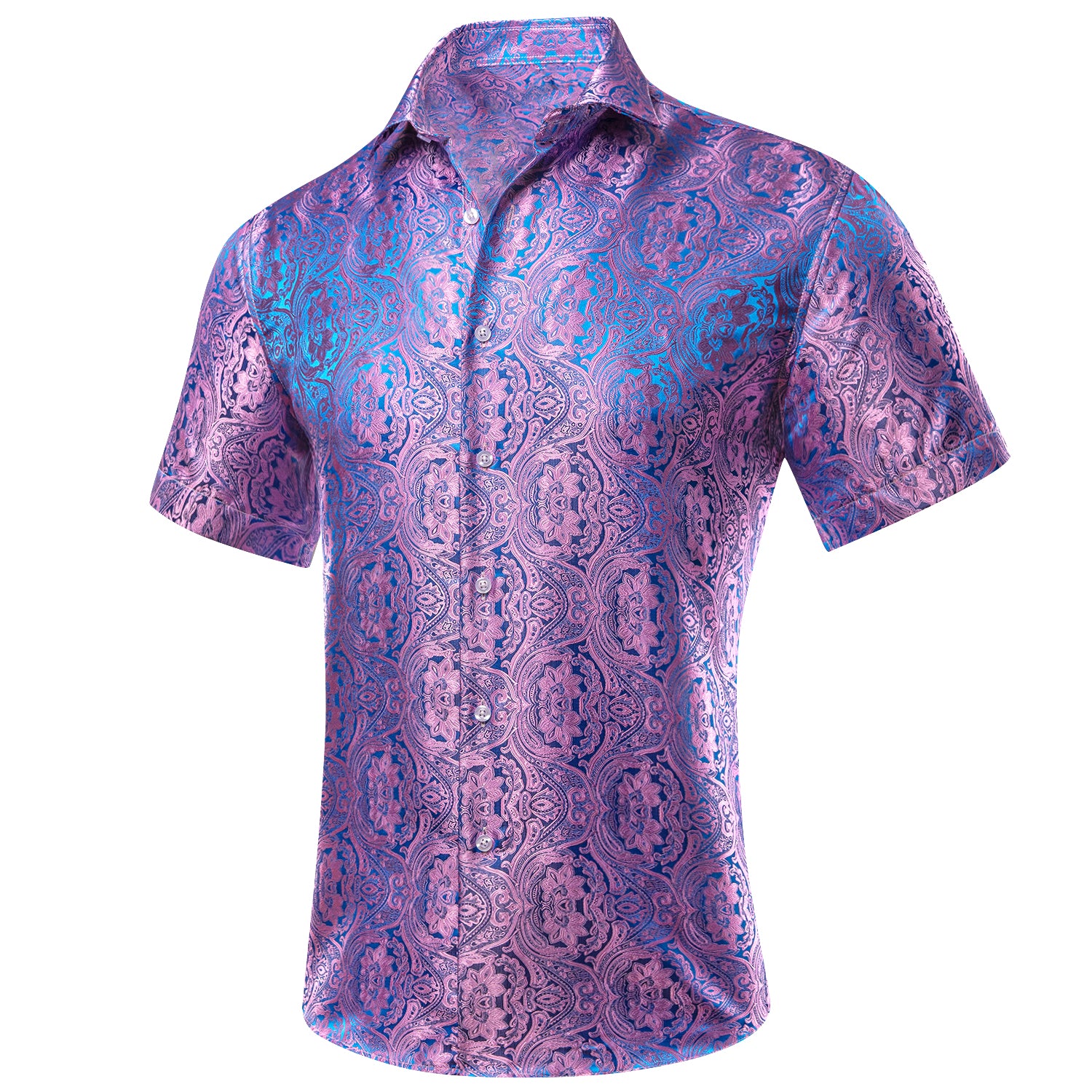 HITIE Pink Purple Paisley Silk Men's Short Sleeve Shirt