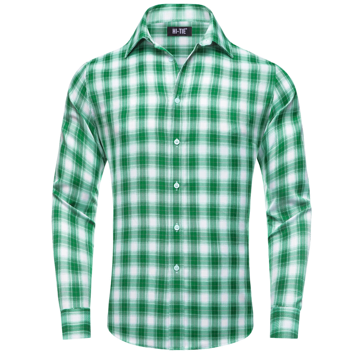 Green White Plaid Men's Silk Long Sleeve Shirt