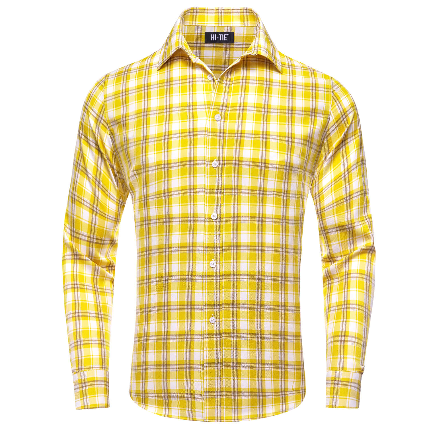 Yellow White Classic Plaid Silk Long Sleeve Shir