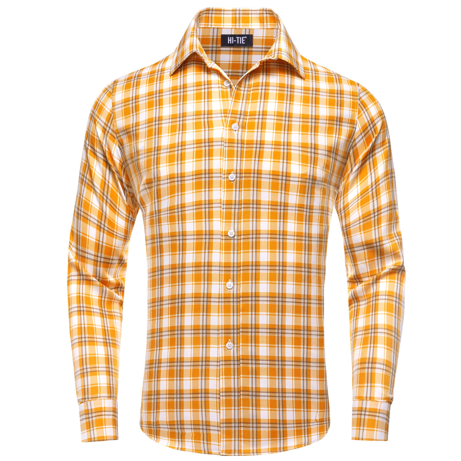 Orange White Brown Plaid Silk Long Sleeve Shirt