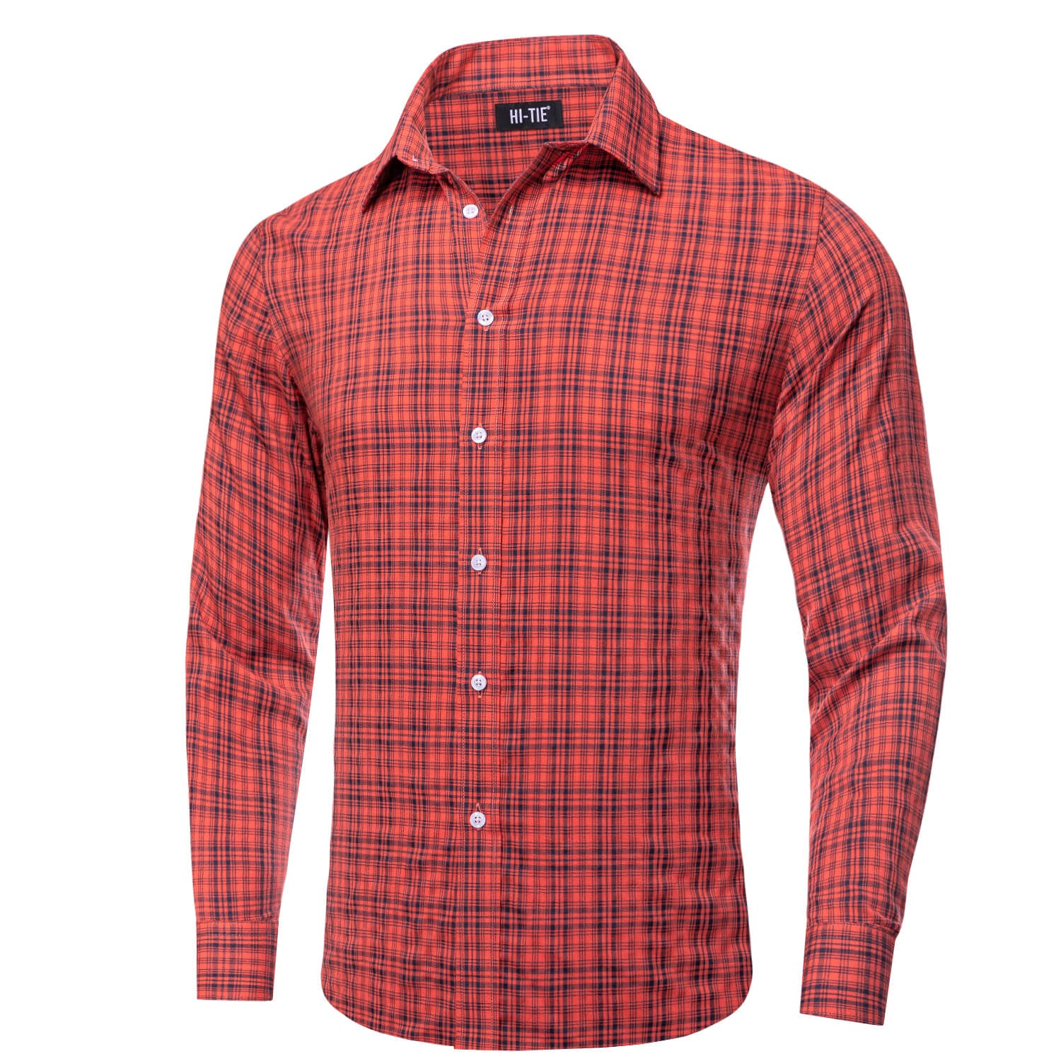Hi-Tie Button Down Shirt Red Blue Plaid Silk Men's Shirt Classic