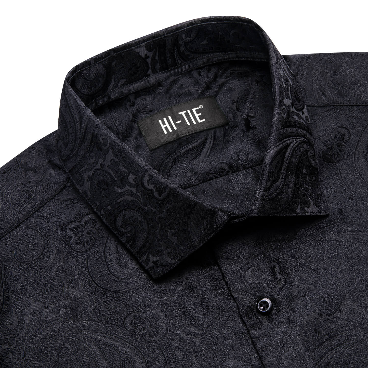 Hi-Tie Button Down Shirt Black Paisley Silk Men's Long Sleeve Shirt