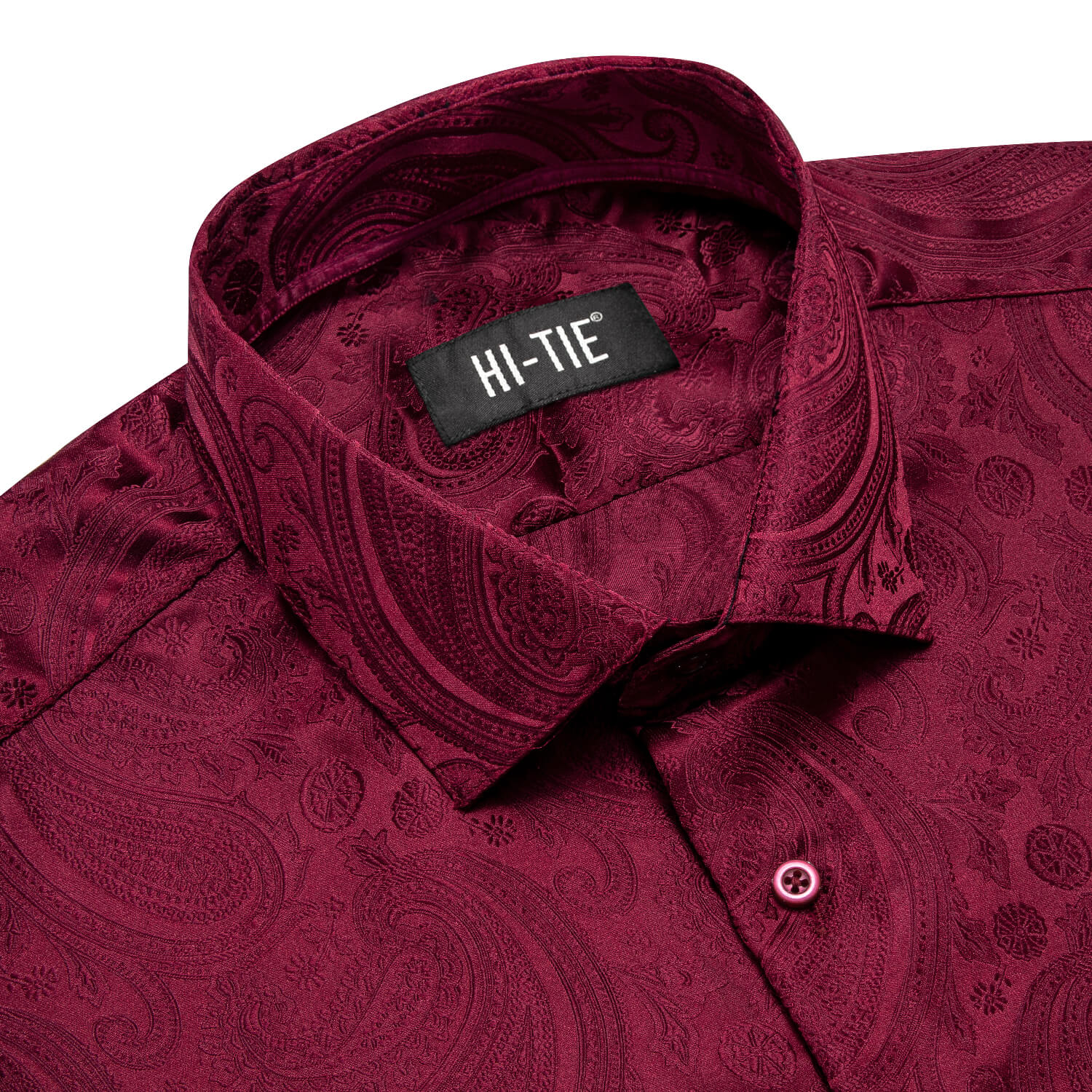 Hi-Tie Button Down Shirt Burgundy Red Woven Paisley Silk Men's Shirt