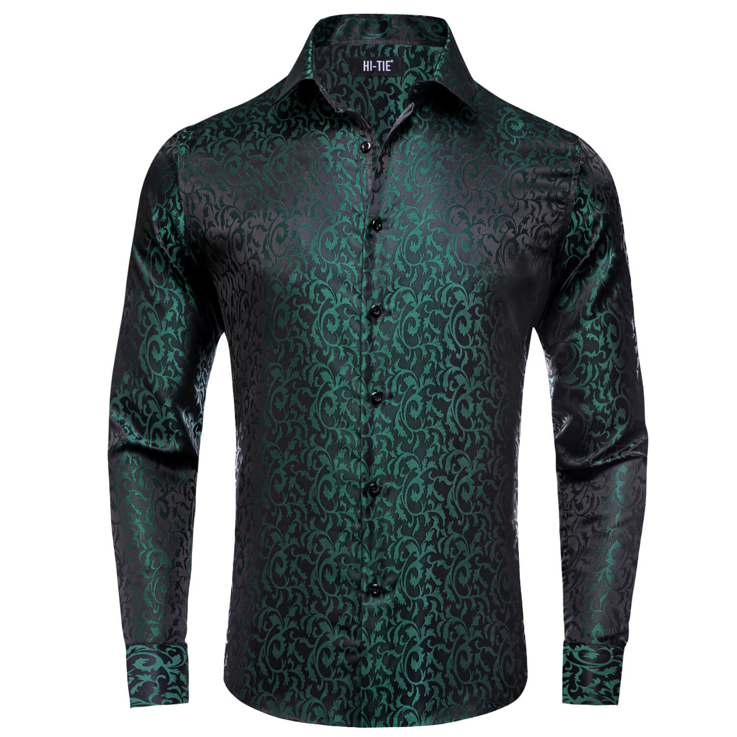 Dark Green Jacquard Floral Silk Shirt