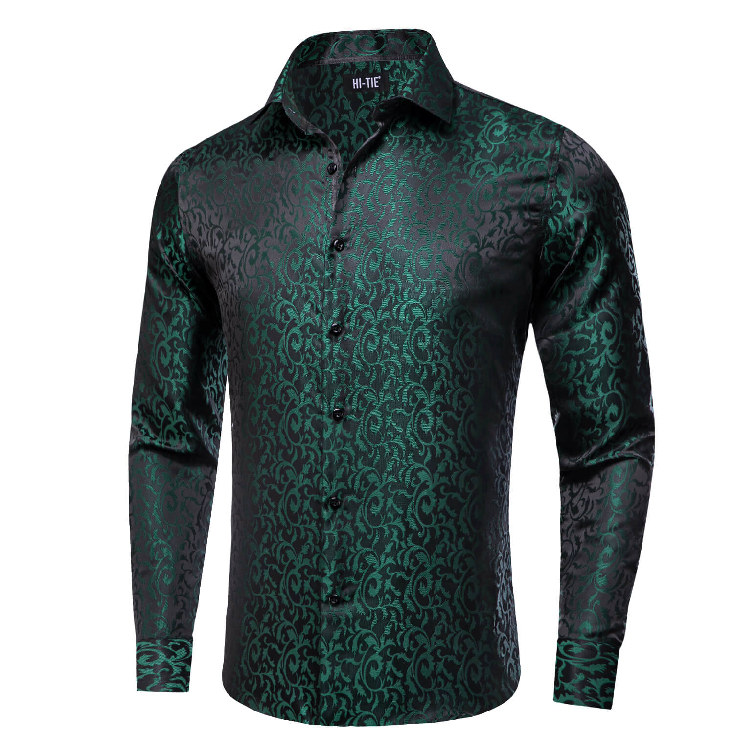 Hi-Tie Long Sleeve Shirt Dark Green Jacquard Floral Silk Shirt for Men