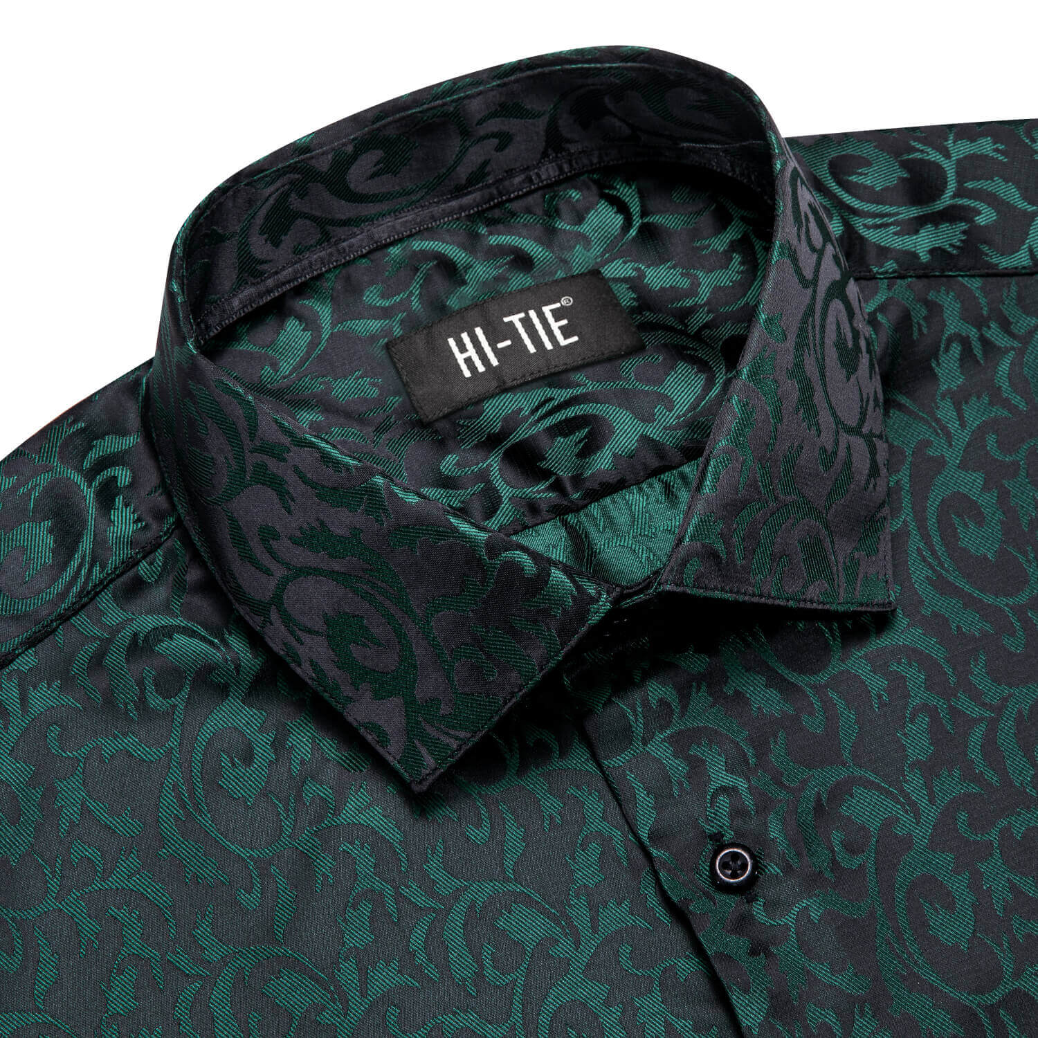 Hi-Tie Long Sleeve Shirt Dark Green Jacquard Floral Silk Shirt for Men