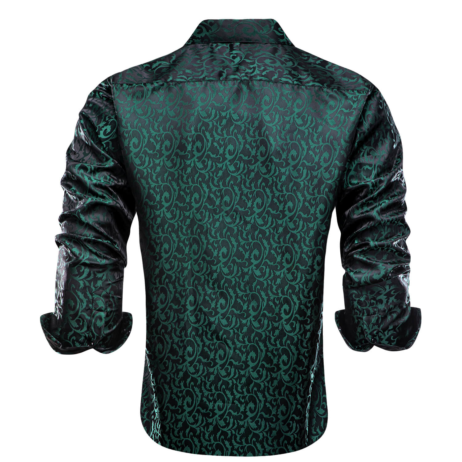 Hi-Tie Long Sleeve Shirt Dark Green Jacquard Floral Silk Shirt for Men