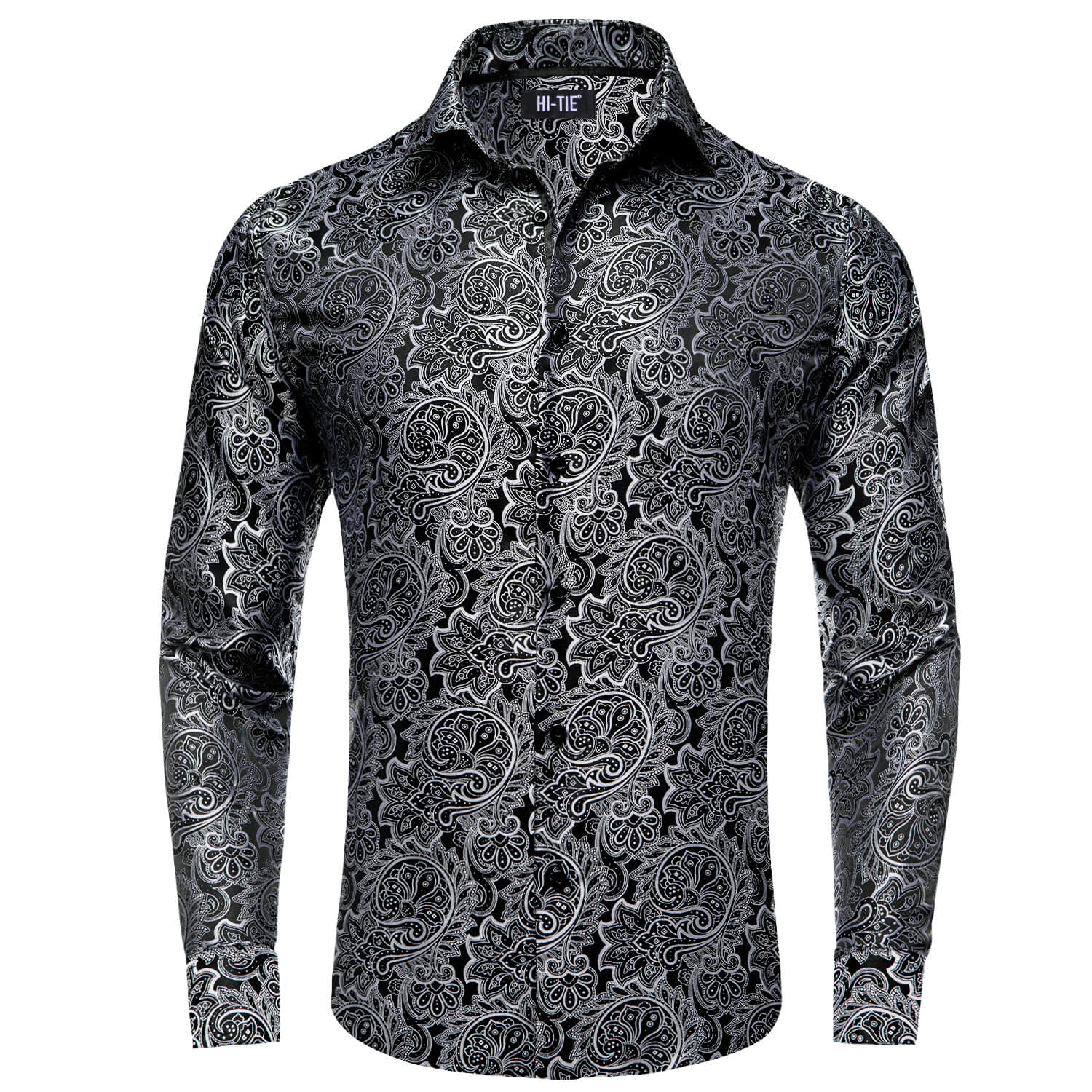 Black White Jacquard Woven Floral Silk Shirt