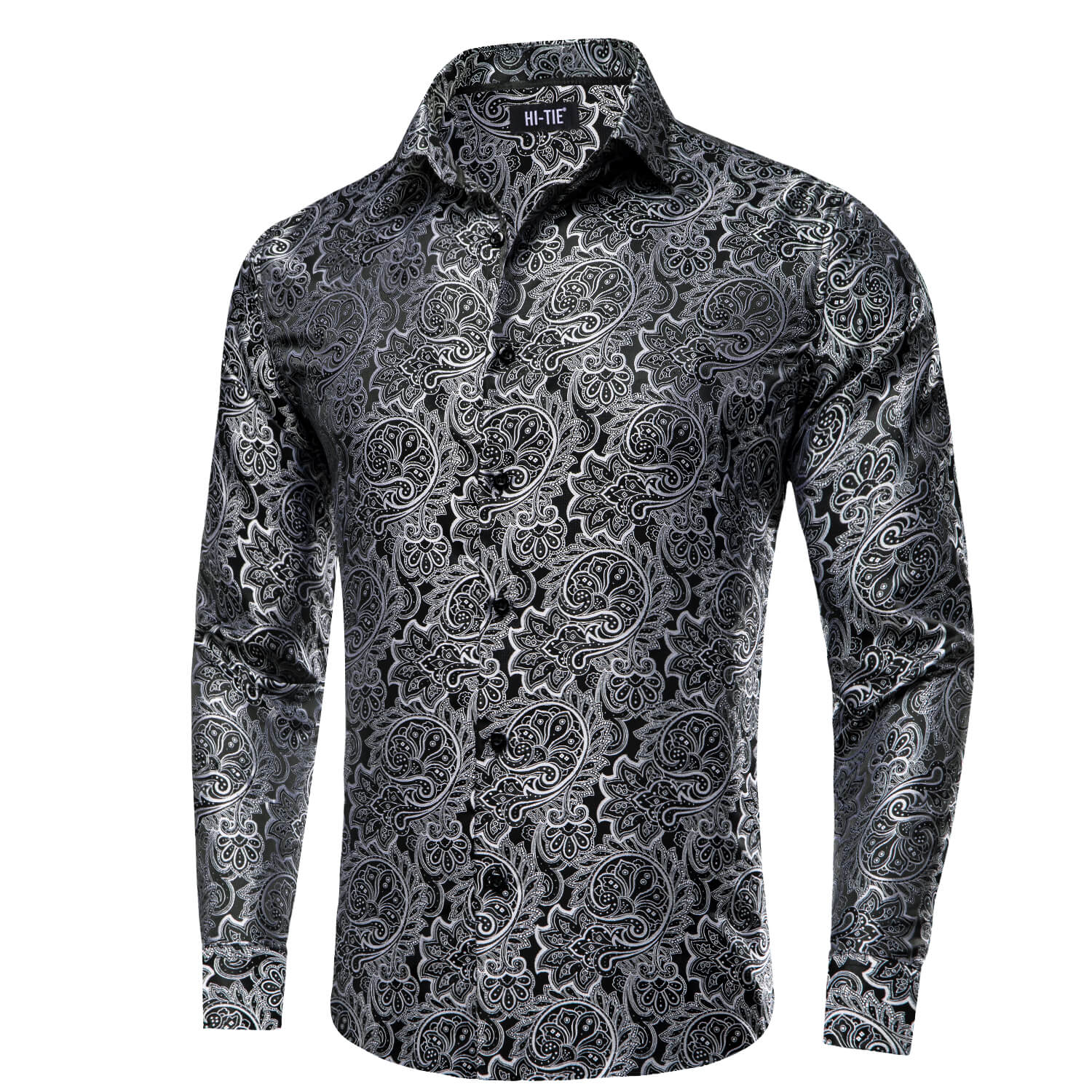 Hi-Tie Men's Shirt Black White Jacquard Woven Floral Silk Shirt