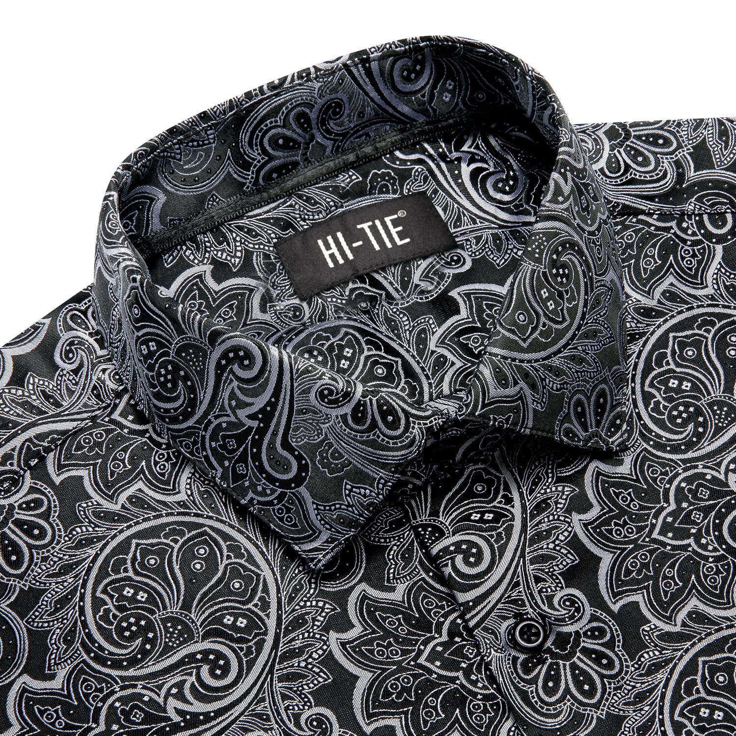 Hi-Tie Men's Shirt Black White Jacquard Woven Floral Silk Shirt