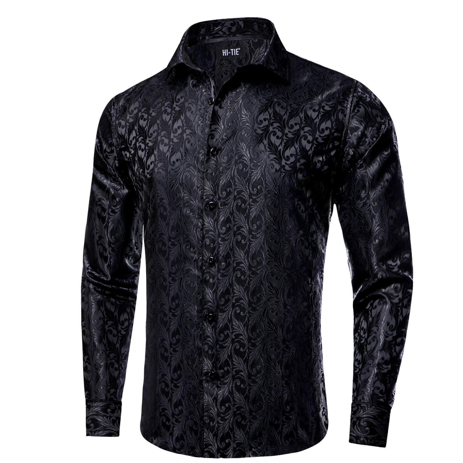 Hi-Tie Long Sleeve Shirt Black Jacquard Floral Silk Men's Shirt Formal