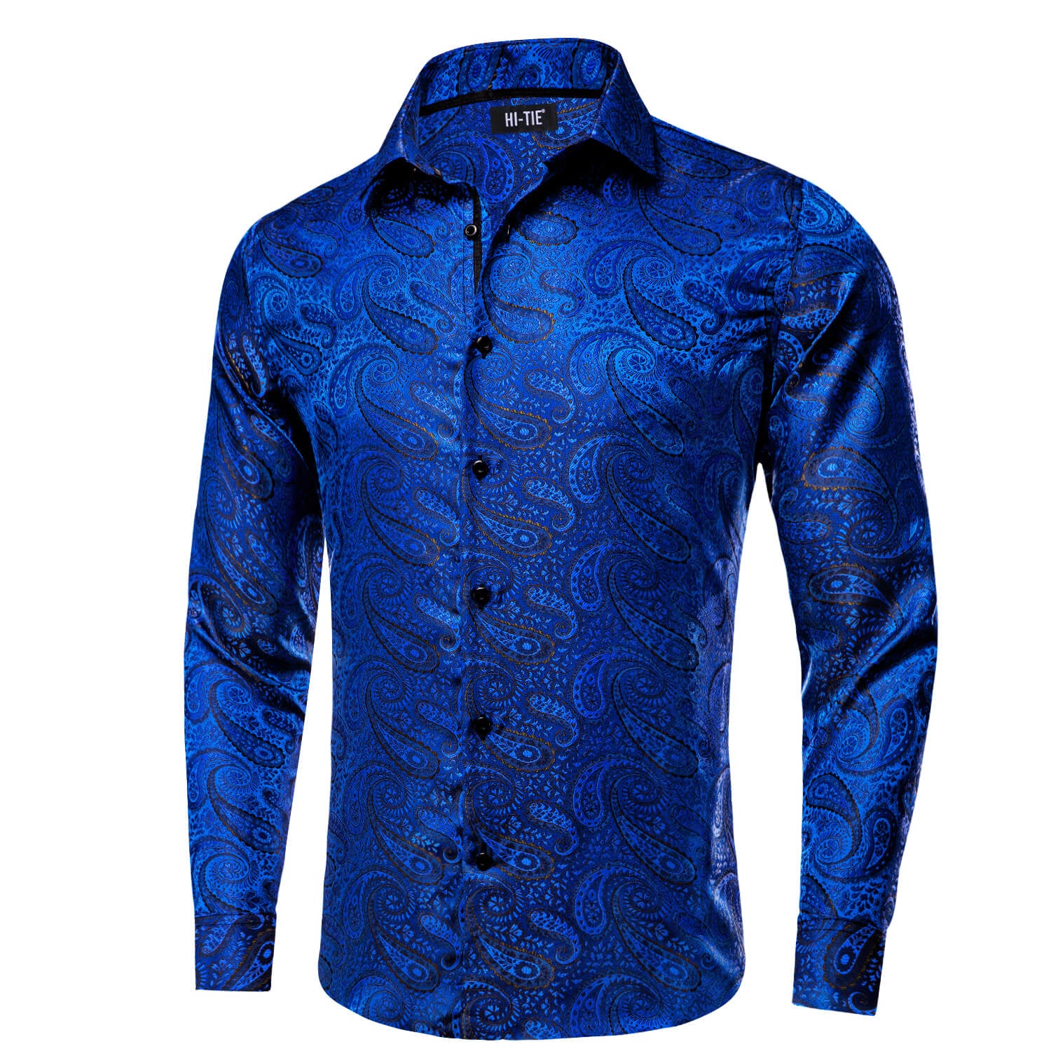 Hi-Tie Long Sleeve Shirt Cobalt Blue Woven Paisley Silk Shirt for Men