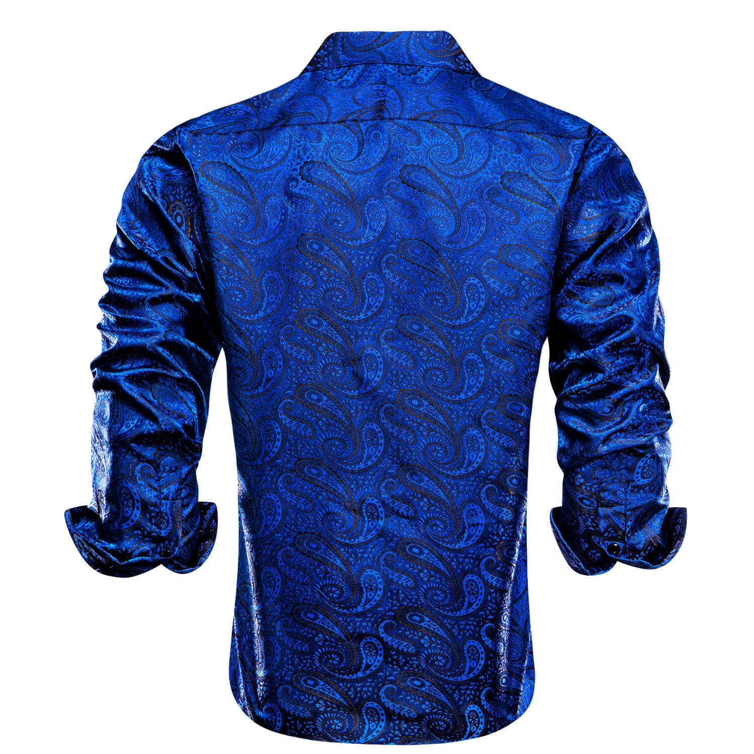 Hi-Tie Long Sleeve Shirt Cobalt Blue Woven Paisley Silk Shirt for Men