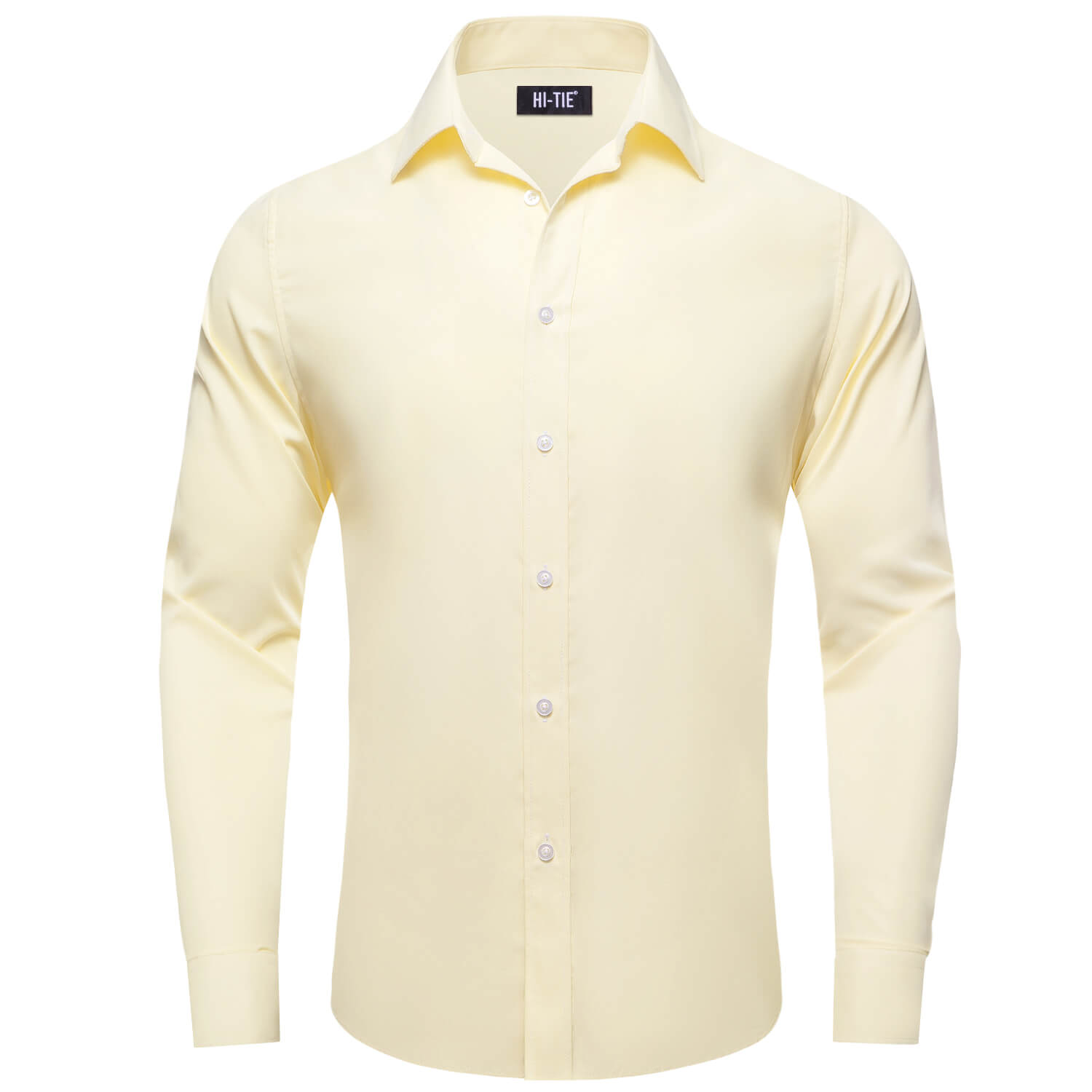 Hi-Tie Mens Dress Shirt Lemon Chiffon Yellow Solid Silk Button Down Sh