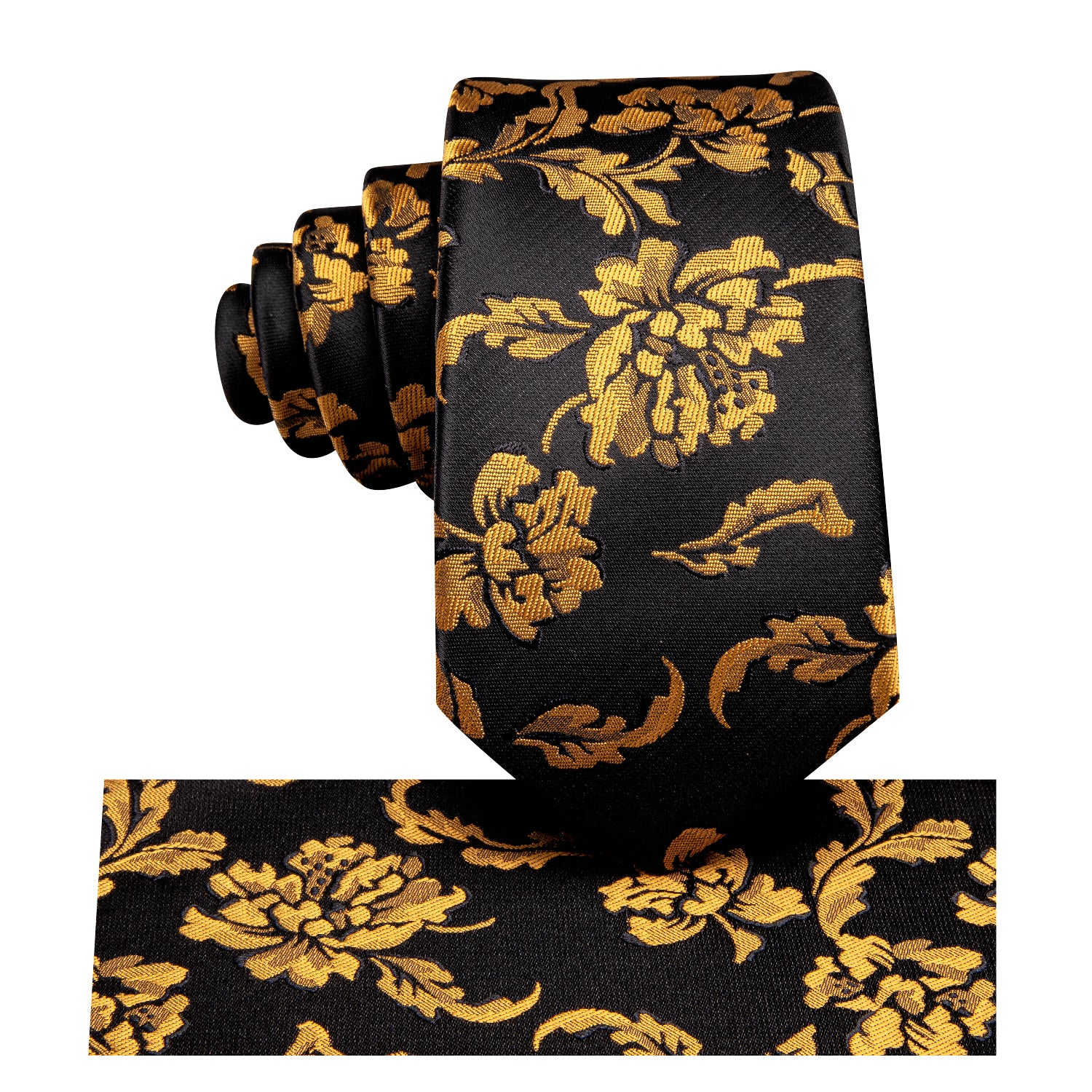 Gold Black Floral Children's Tie Pocket Square