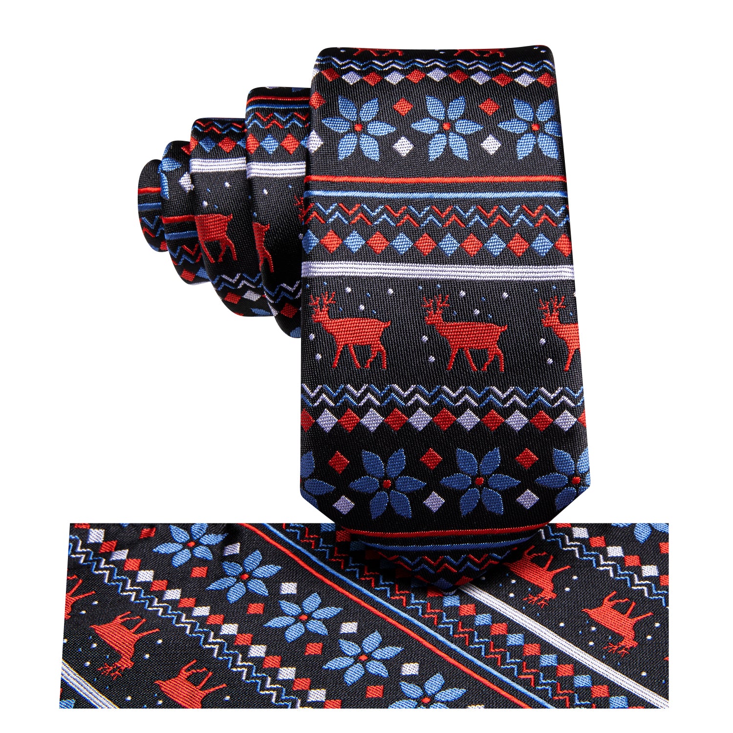 Red Blue White Snowflake Deer Children's Kids Boys Tie Pocket Square 6cm