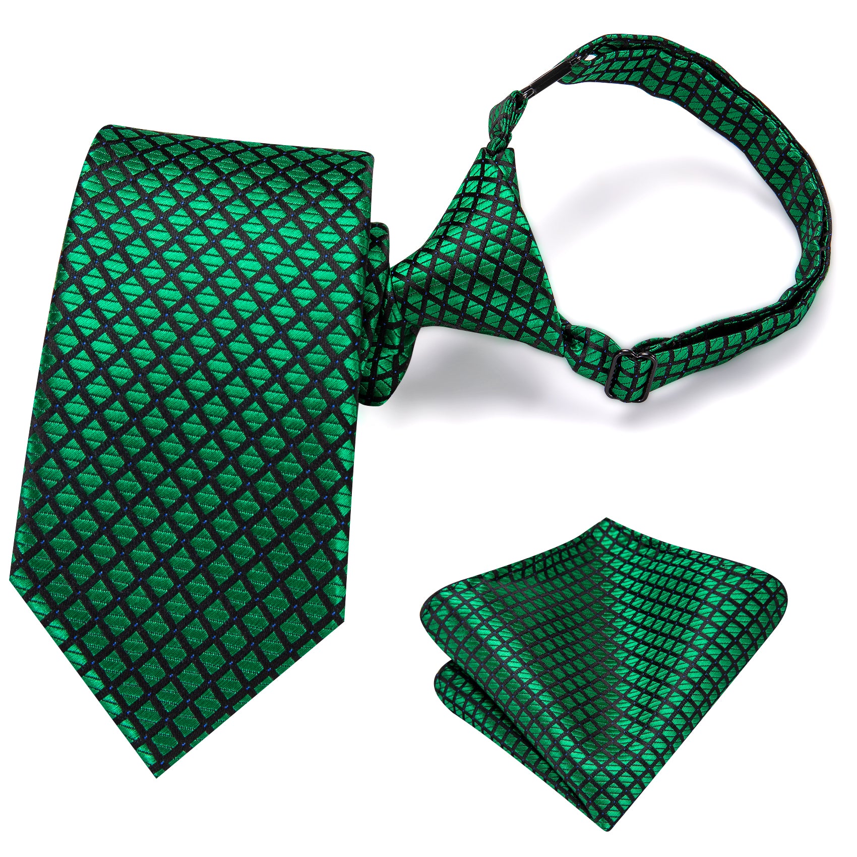 Green Plaid Boys Pre-tied Adjustable Tie Pocket Square