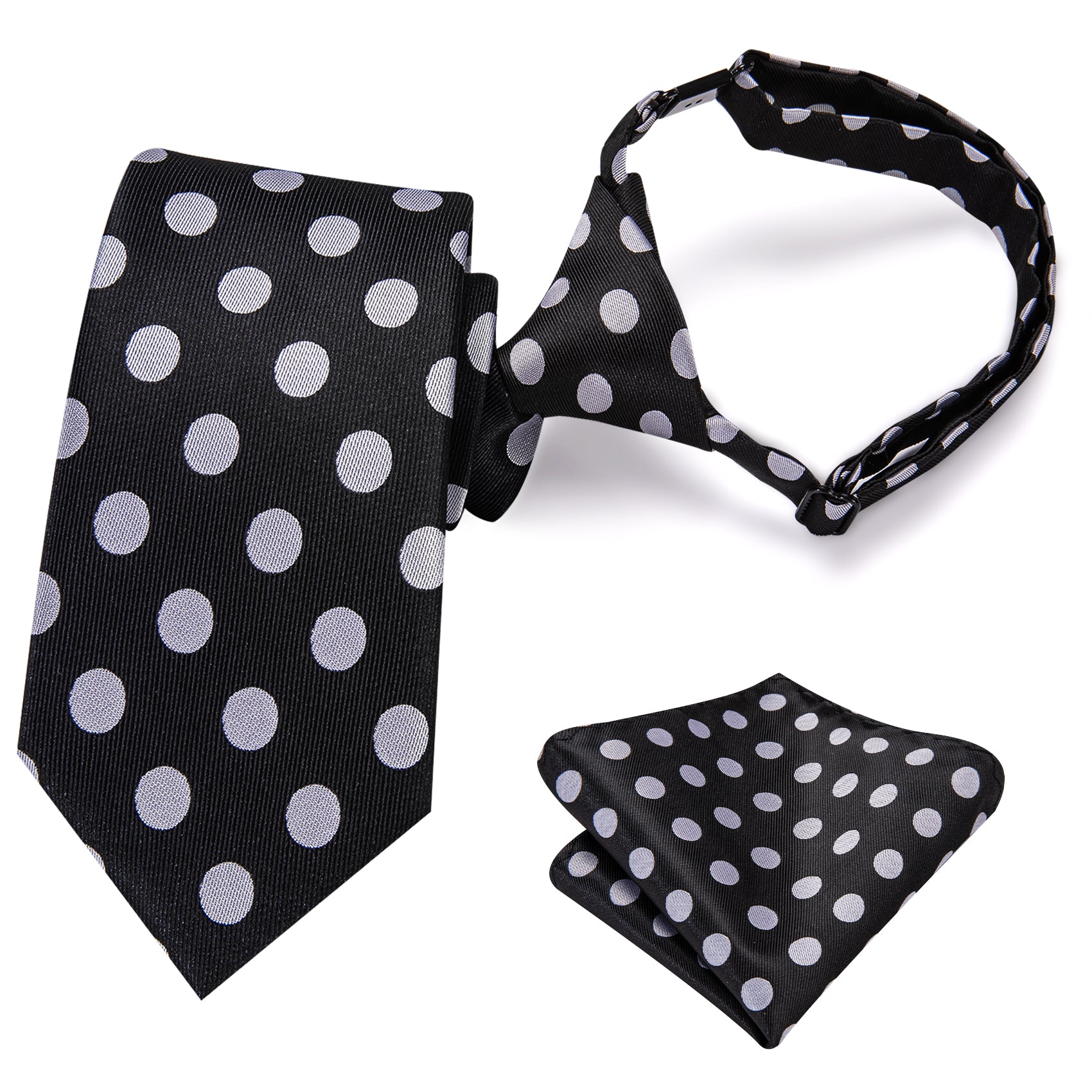 Black White Polka Dot Boys Pre-tied Adjustable Tie Pocket Square