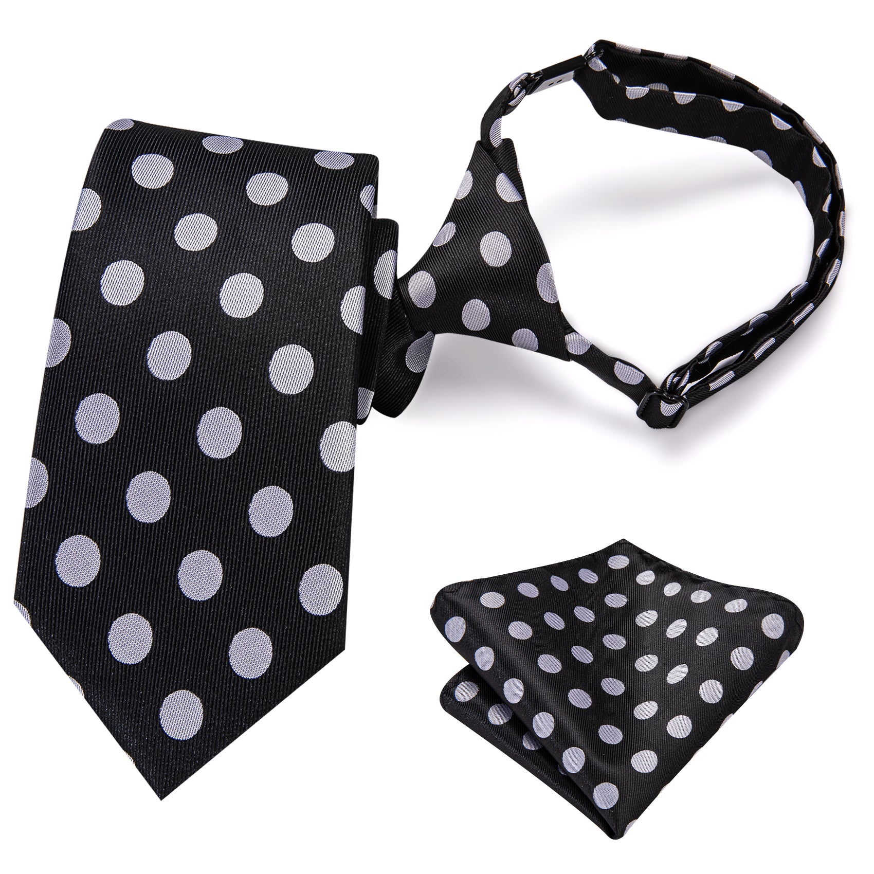 Black White Polka Dot Boy Pre-tied Adjustable Tie Pocket Square