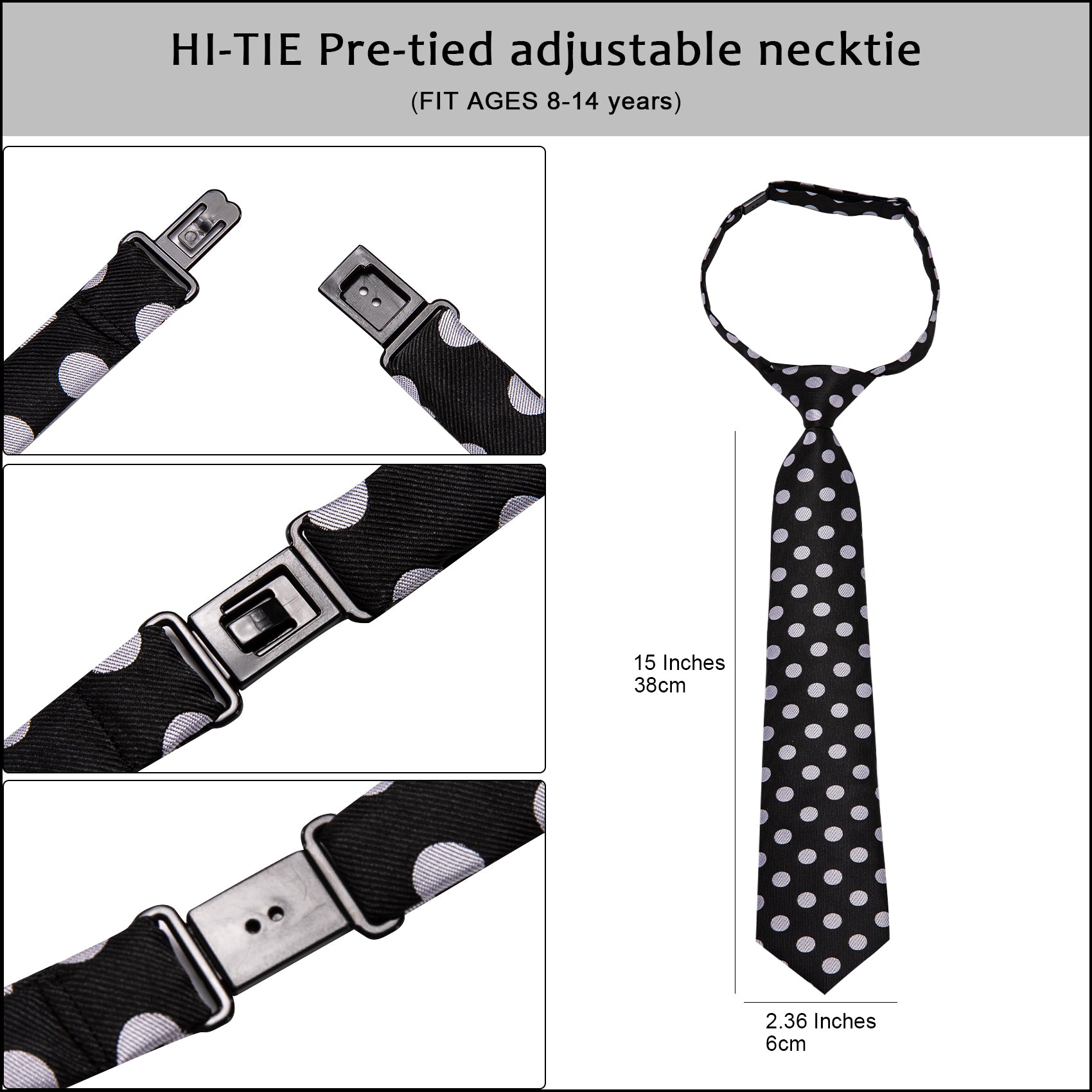 Black White Polka Dot Boy Pre-tied Adjustable Tie Pocket Square