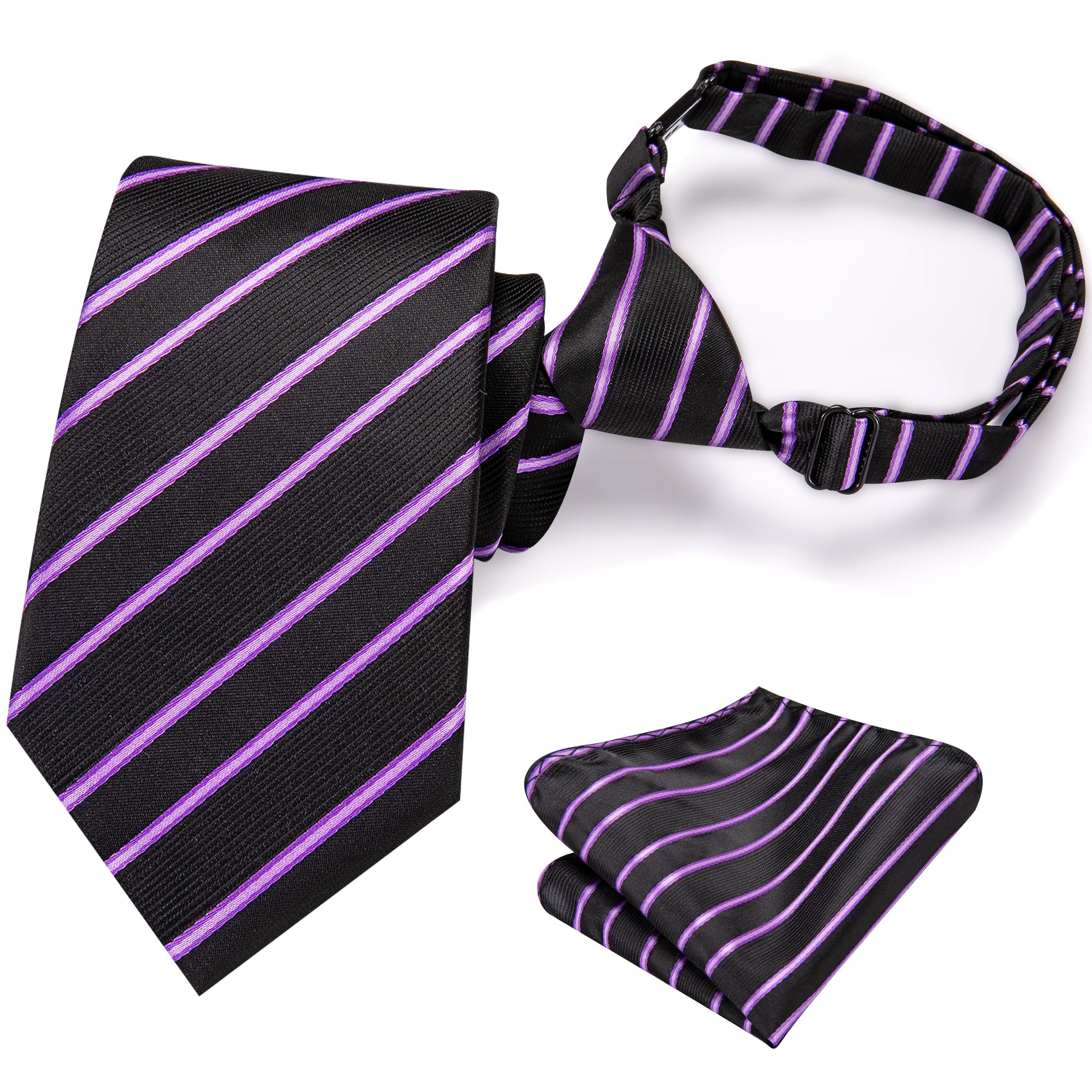 Black Purple Striped Boys Pre-tied Adjustable Tie Pocket Square