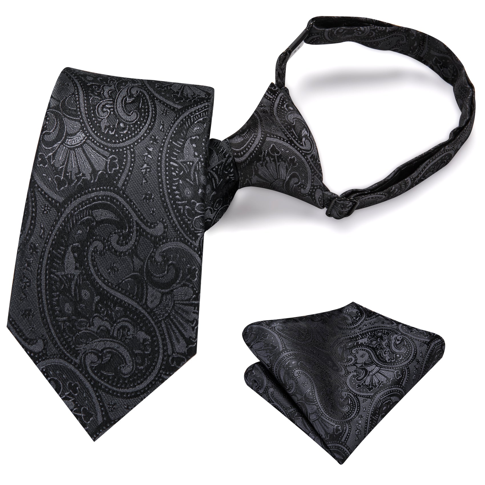 Black Paisley Boys Pre-tied Adjustable Kids Tie Pocket Square