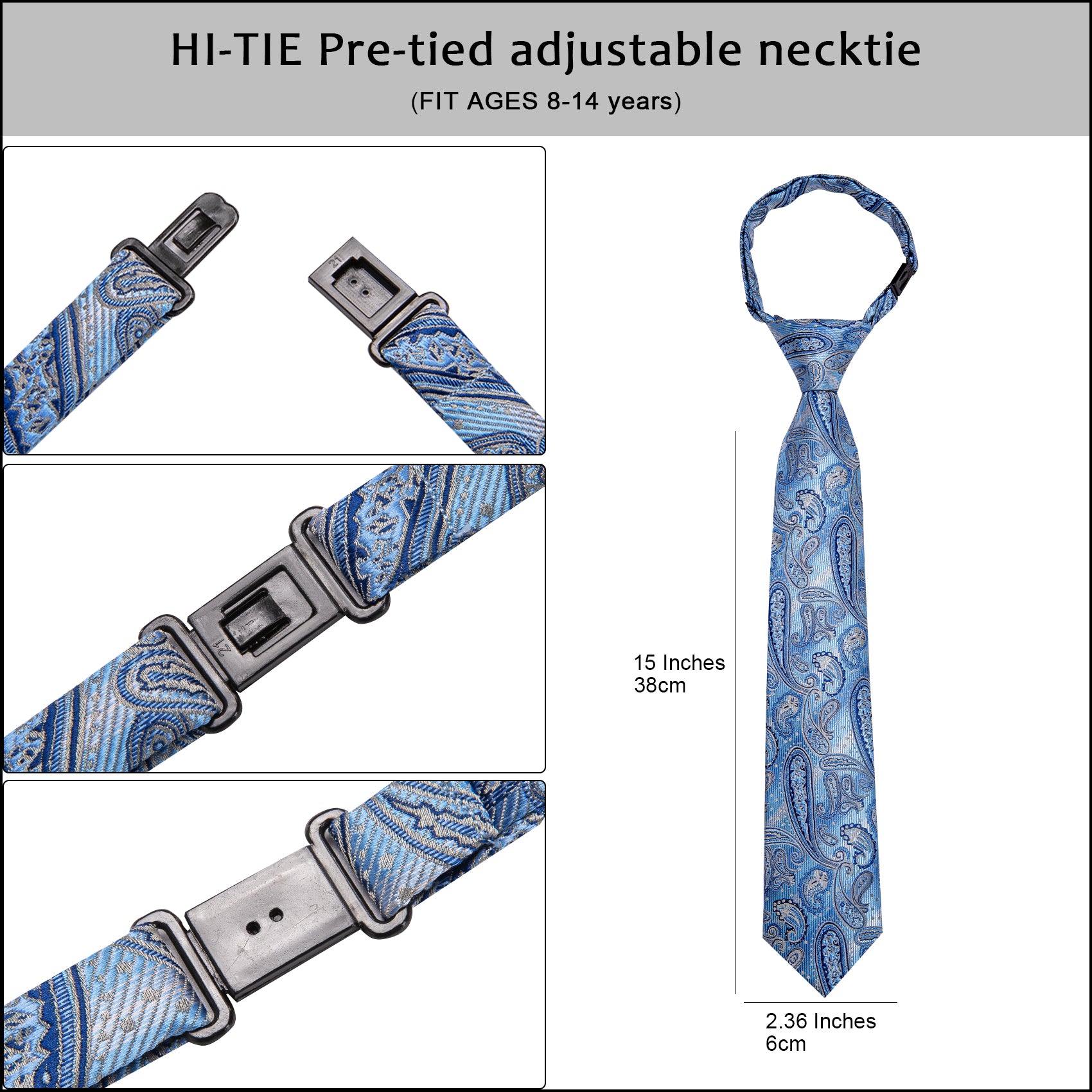 Hi-Tie Blue Paisley Boys Pre-tied Adjustable Tie Pocket Square