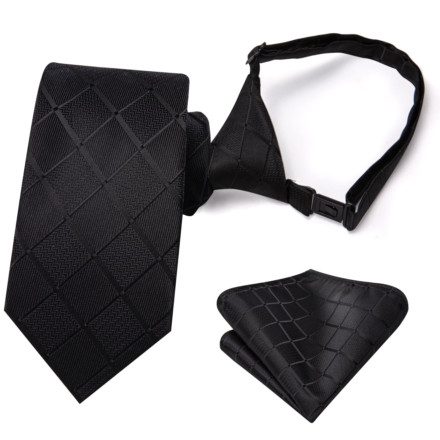 Black Boys Formal Plaid Pre-tied Adjustable Tie Pocket Square