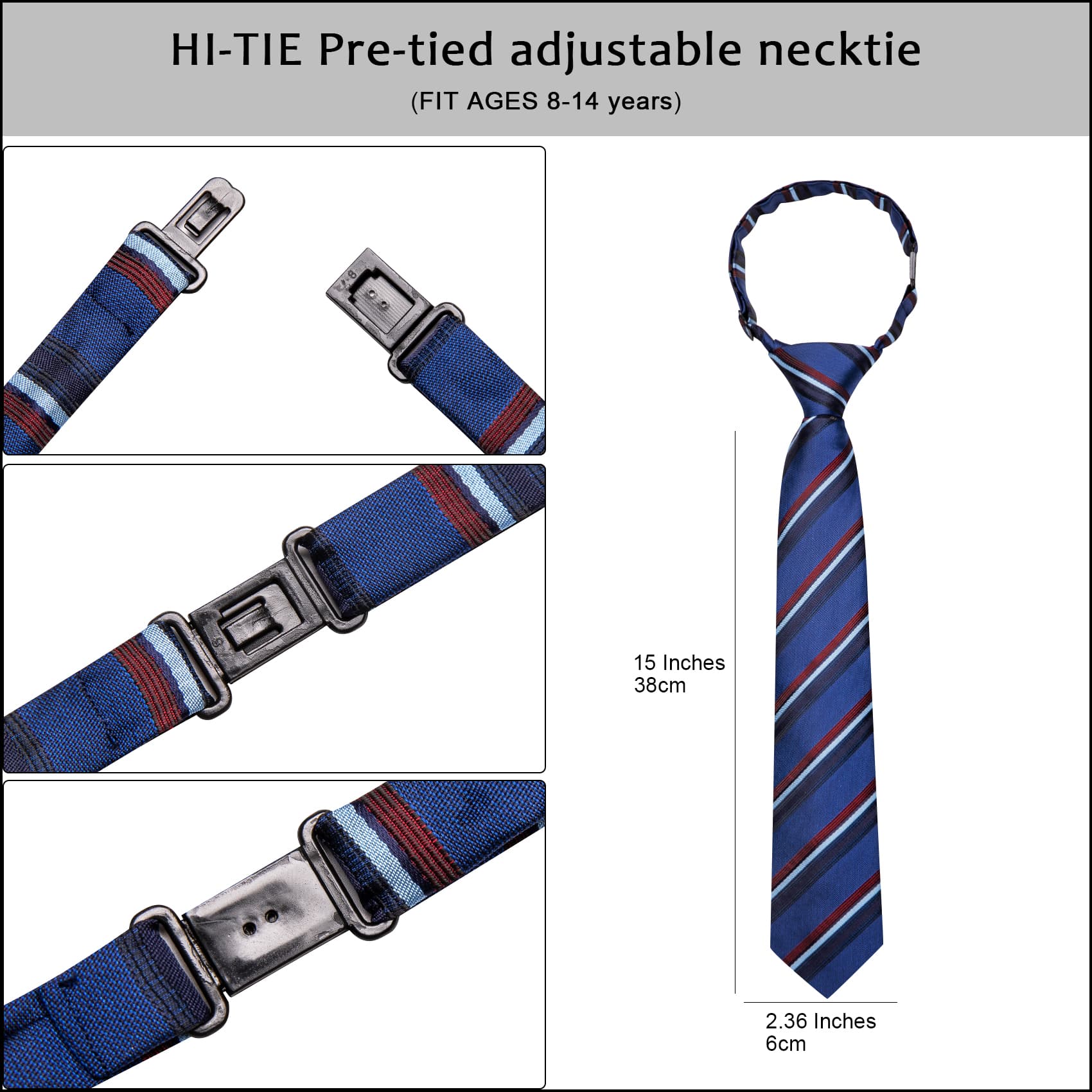 Royal Blue Boys Necktie Red Stripes Adjustable Tie Hanky Set