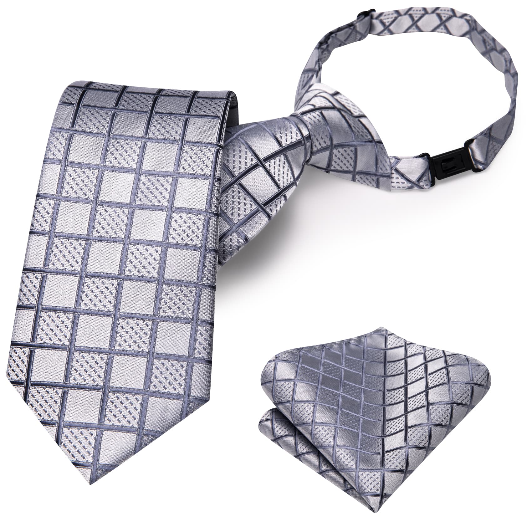 Light Grey Boys Neckties Plaid Adjustable Kids Tie Hanky Set