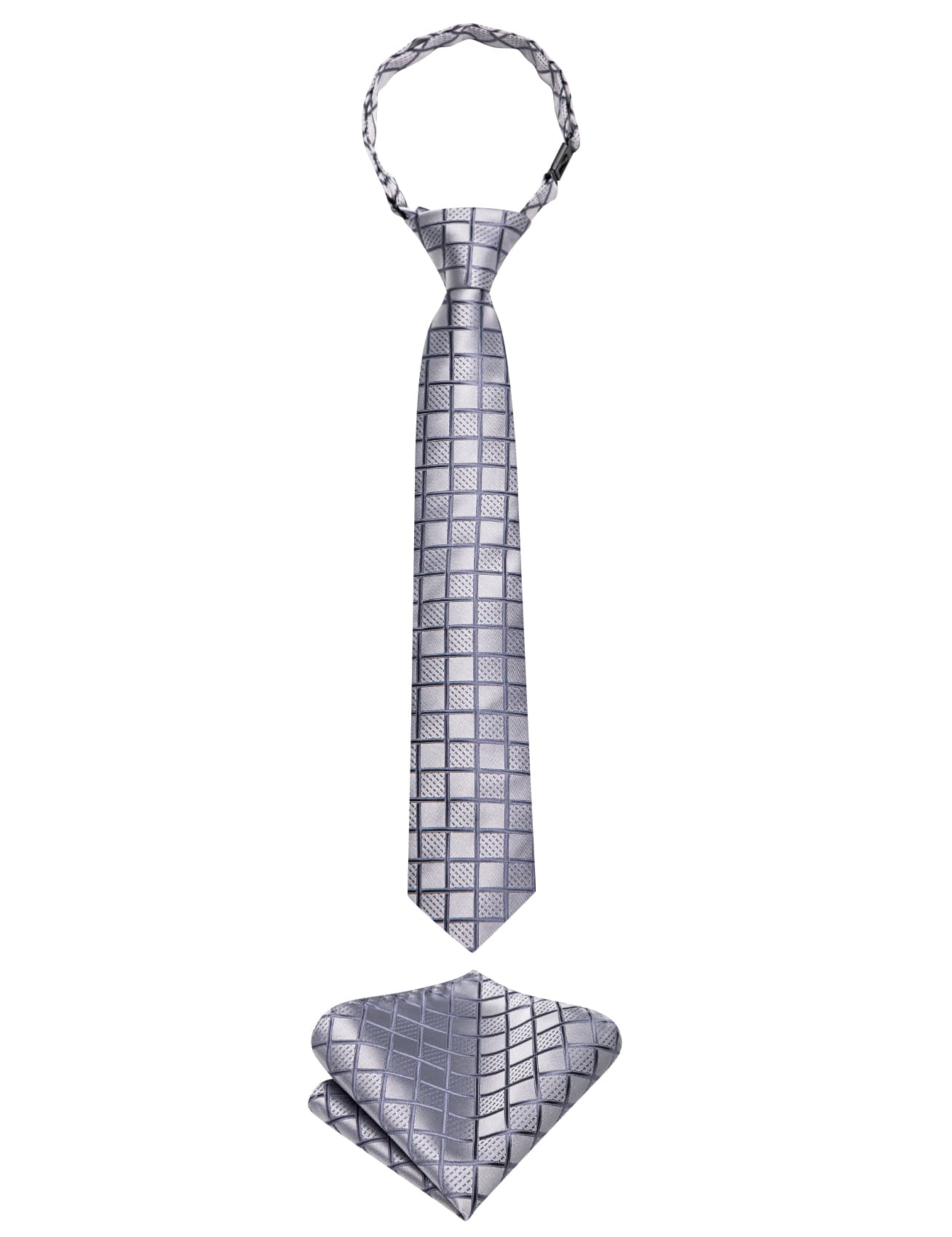 Light Grey Boys Neckties Plaid Adjustable Kids Tie Hanky Set