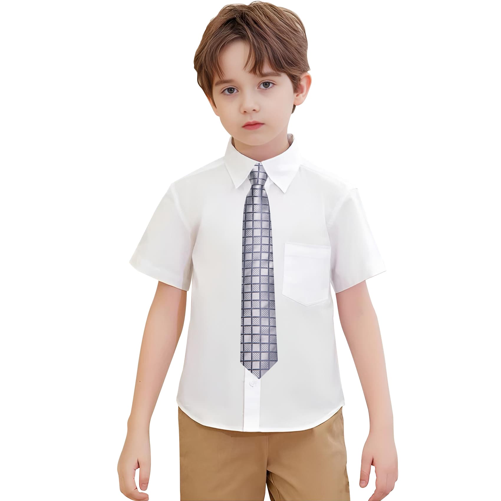 Light Grey Boys Neckties Plaid Adjustable Kids Tie Hanky Set