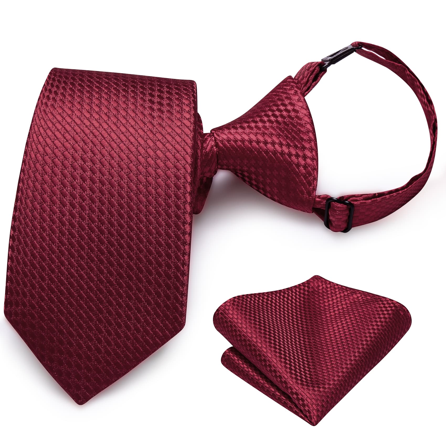 Hi-Tie Burgundy Plaid Boys Pre-tied Adjustable Tie Pocket Square
