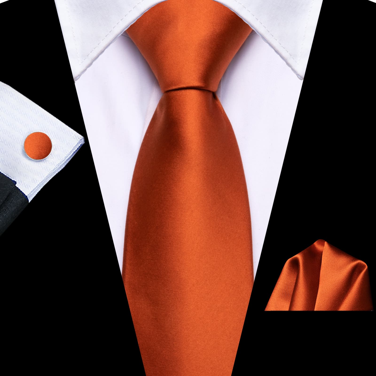 Easy to Wear Necktie Men's Orange Solid Tie Hanky Cufflinks Set