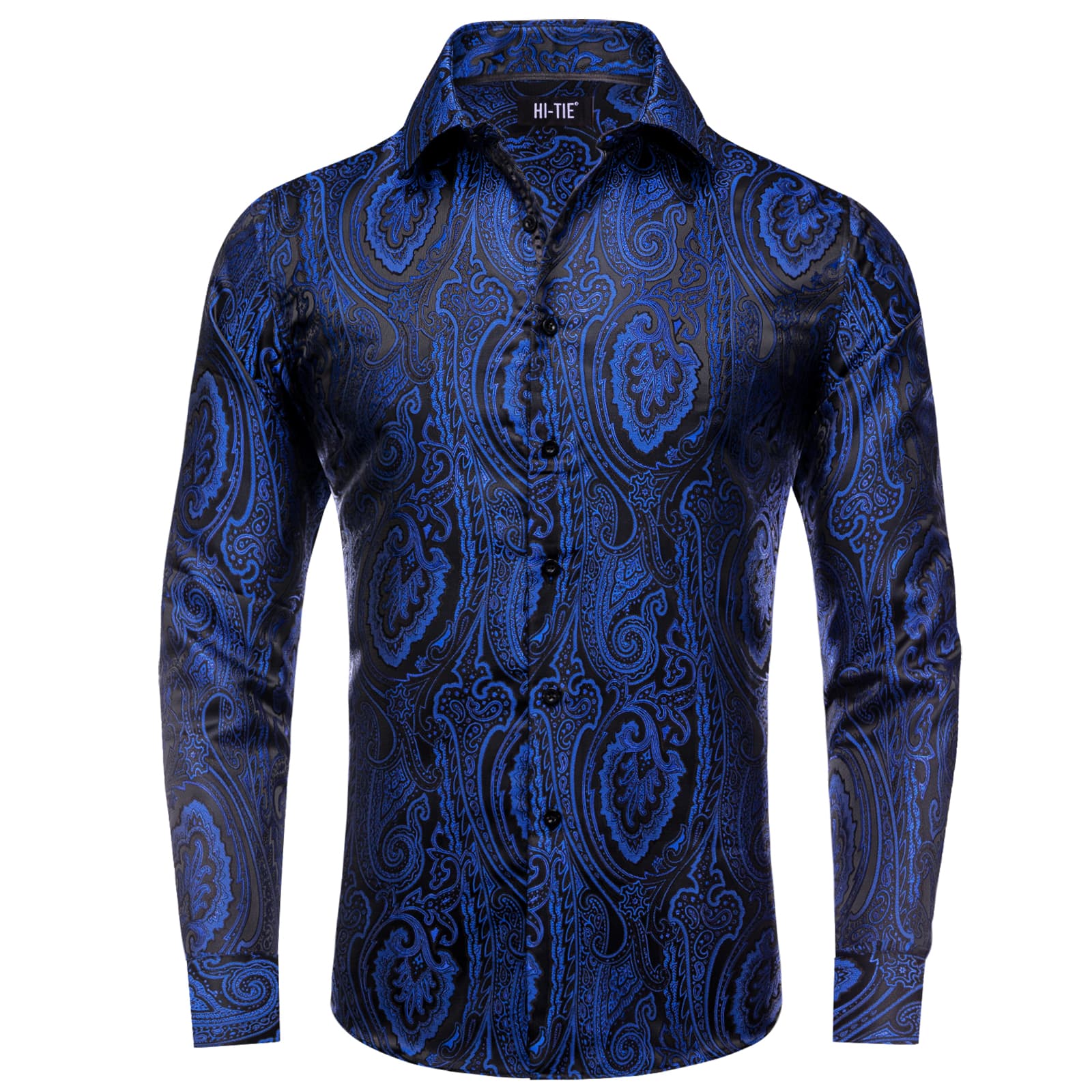 Blue Black Shirt Jacquard Paisley Top Men's Long Sleeve Shirt