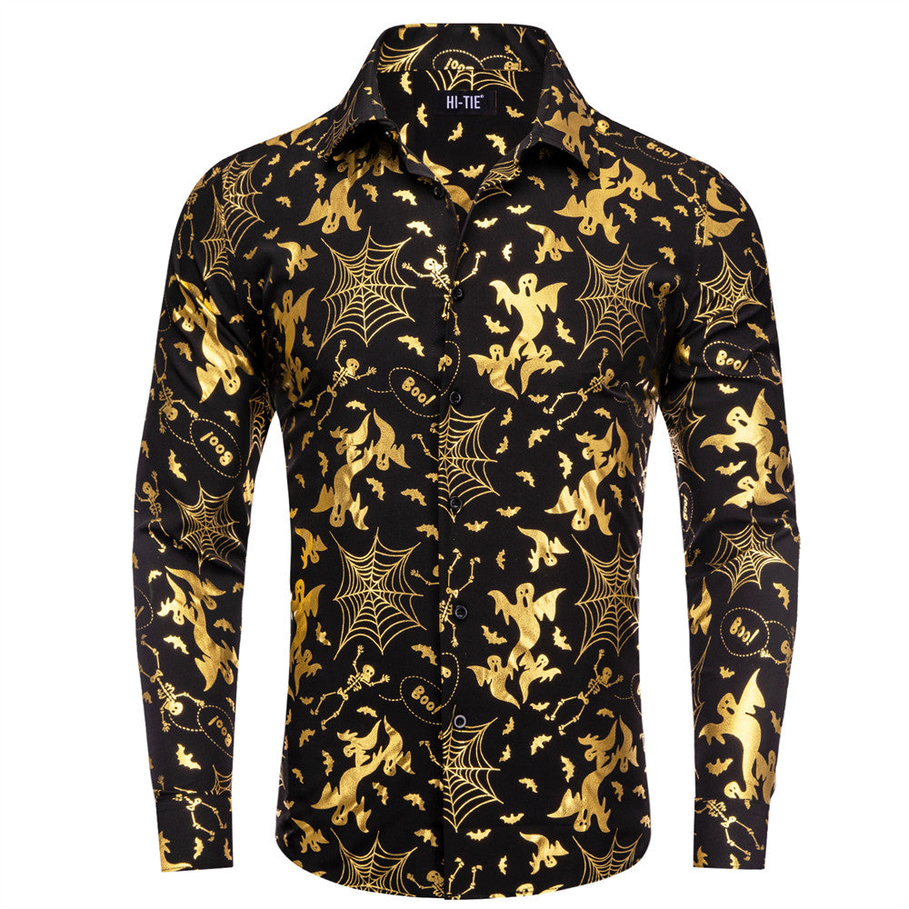 Mens Gold And Black Dress Shirt Hi-Tie Black Floral Top Rose Gold Floral  Silk Men's Long Sleeve Shirt, XL