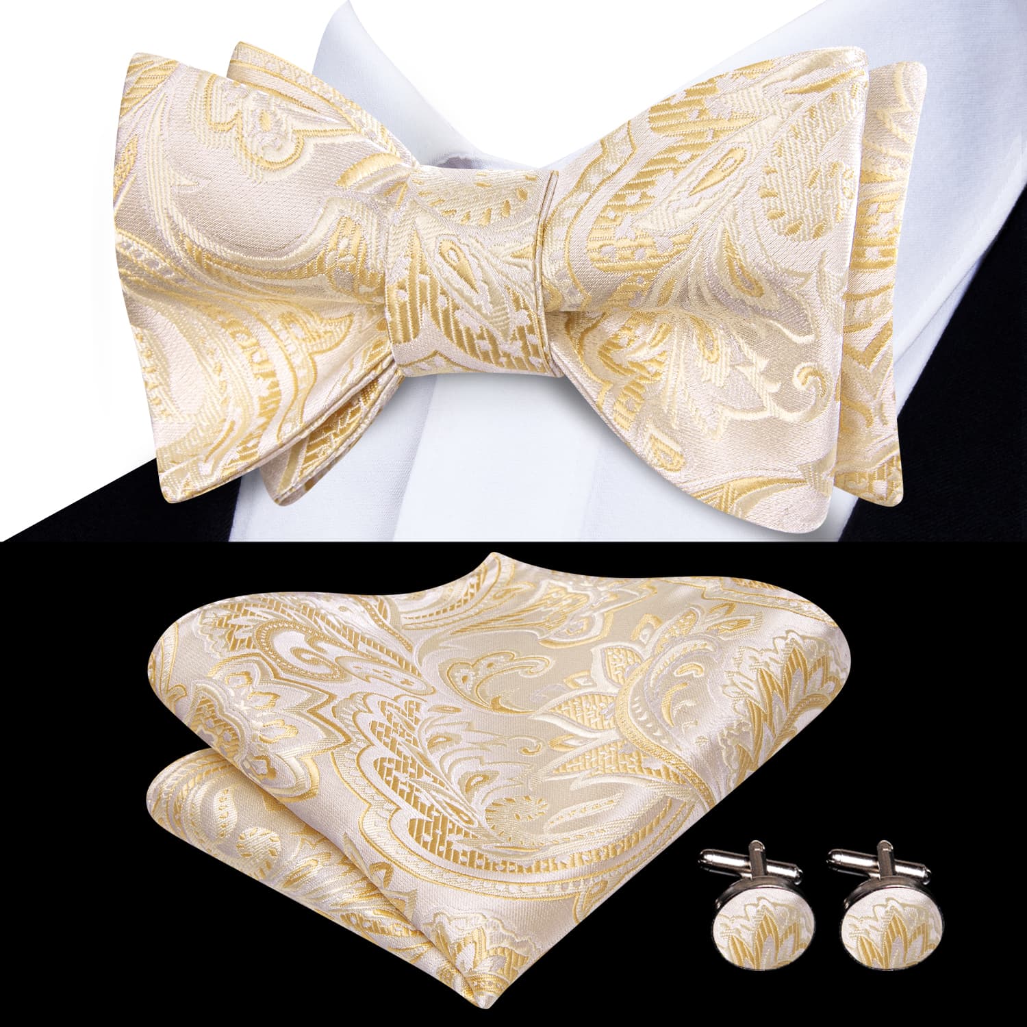 light yellow bow tie Black Suit