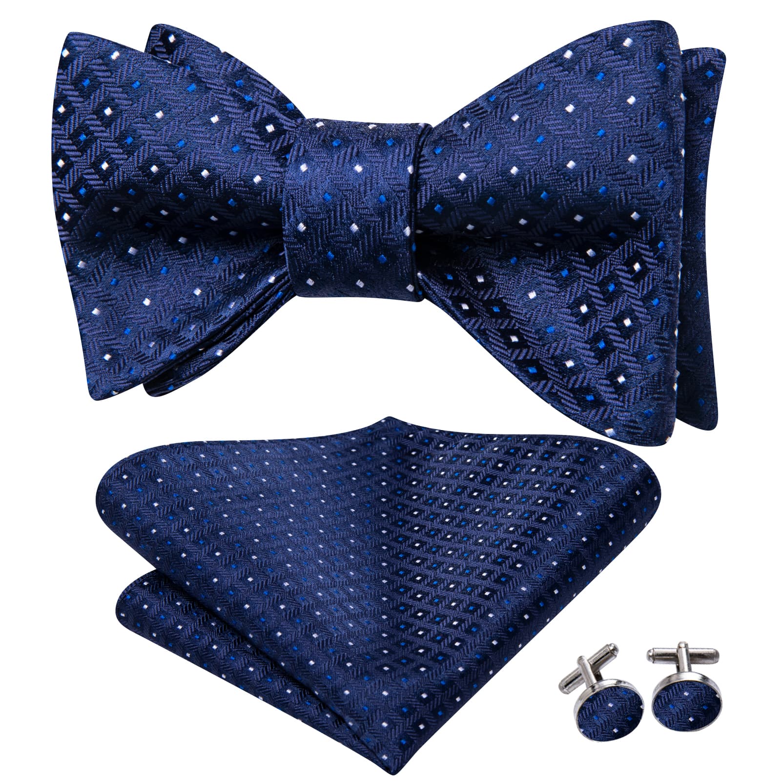 Navy blue bowtie white black square tie and pocket square