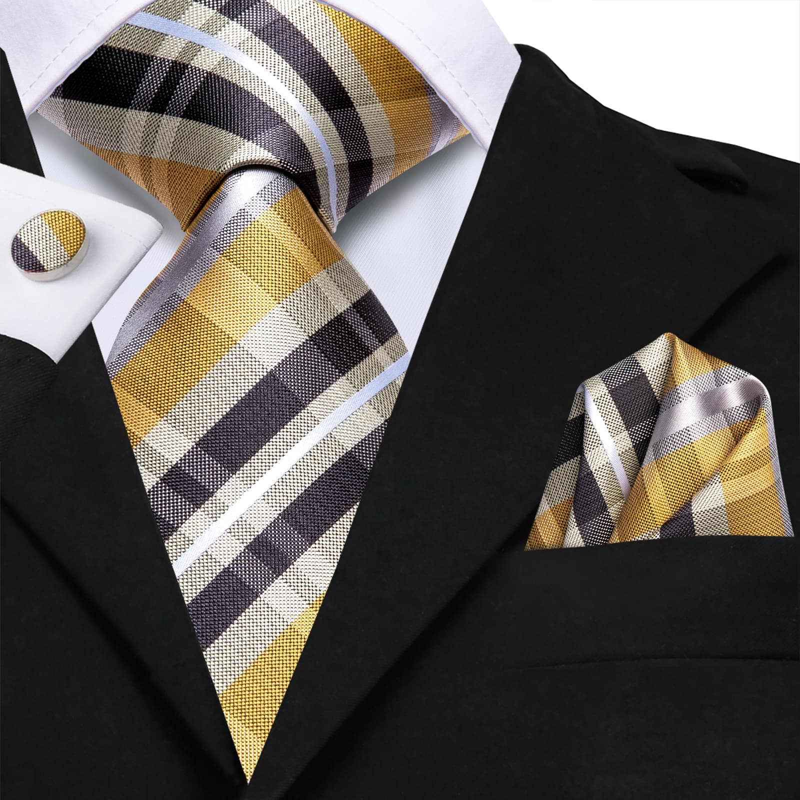 Black Yellow Plaid Necktie White Stripe Tie Hanky Cufflinks Set