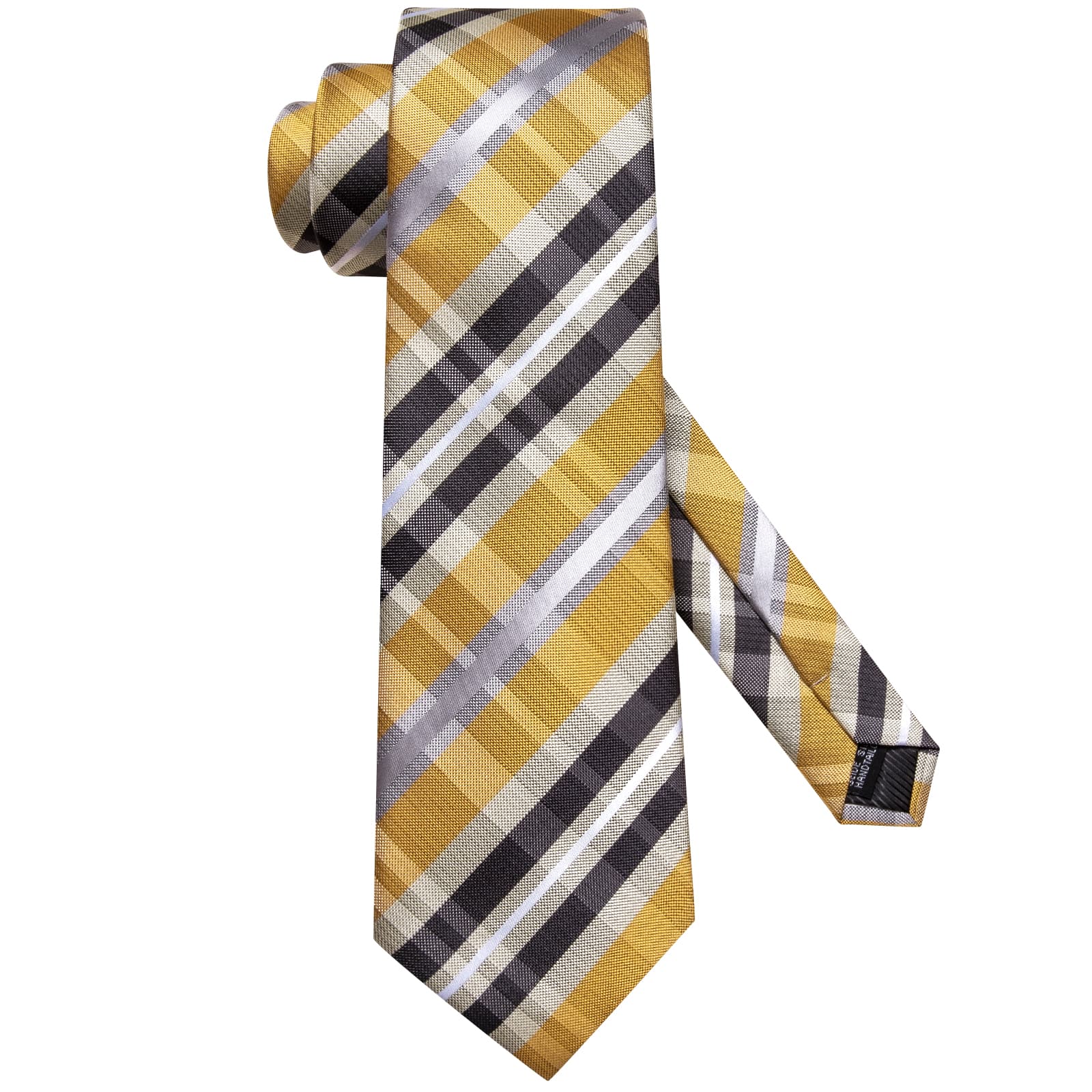 Black Yellow Plaid Necktie White Stripe Tie Hanky Cufflinks Set