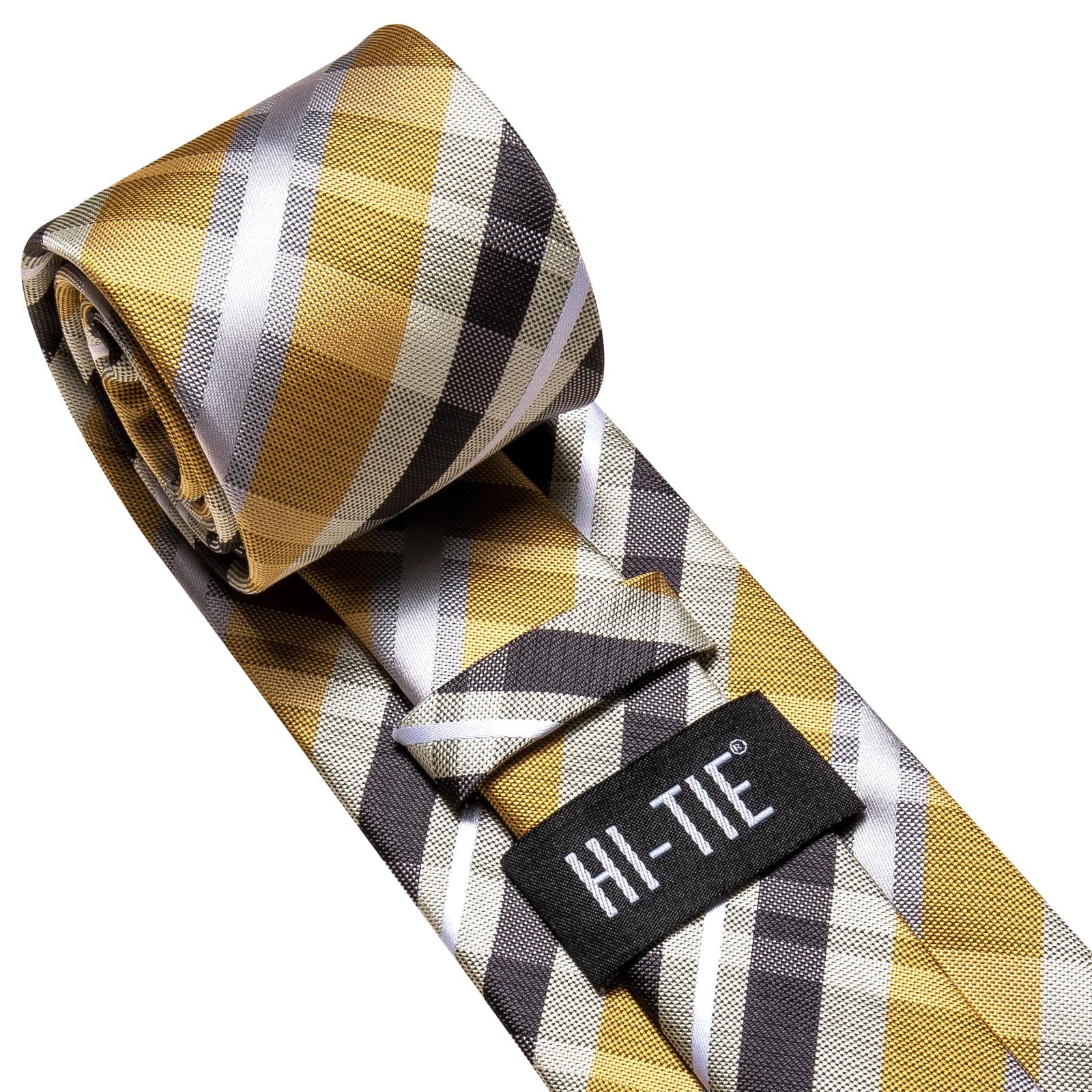 Black Yellow Plaid Necktie White Stripe Tie Hanky Cufflinks Set