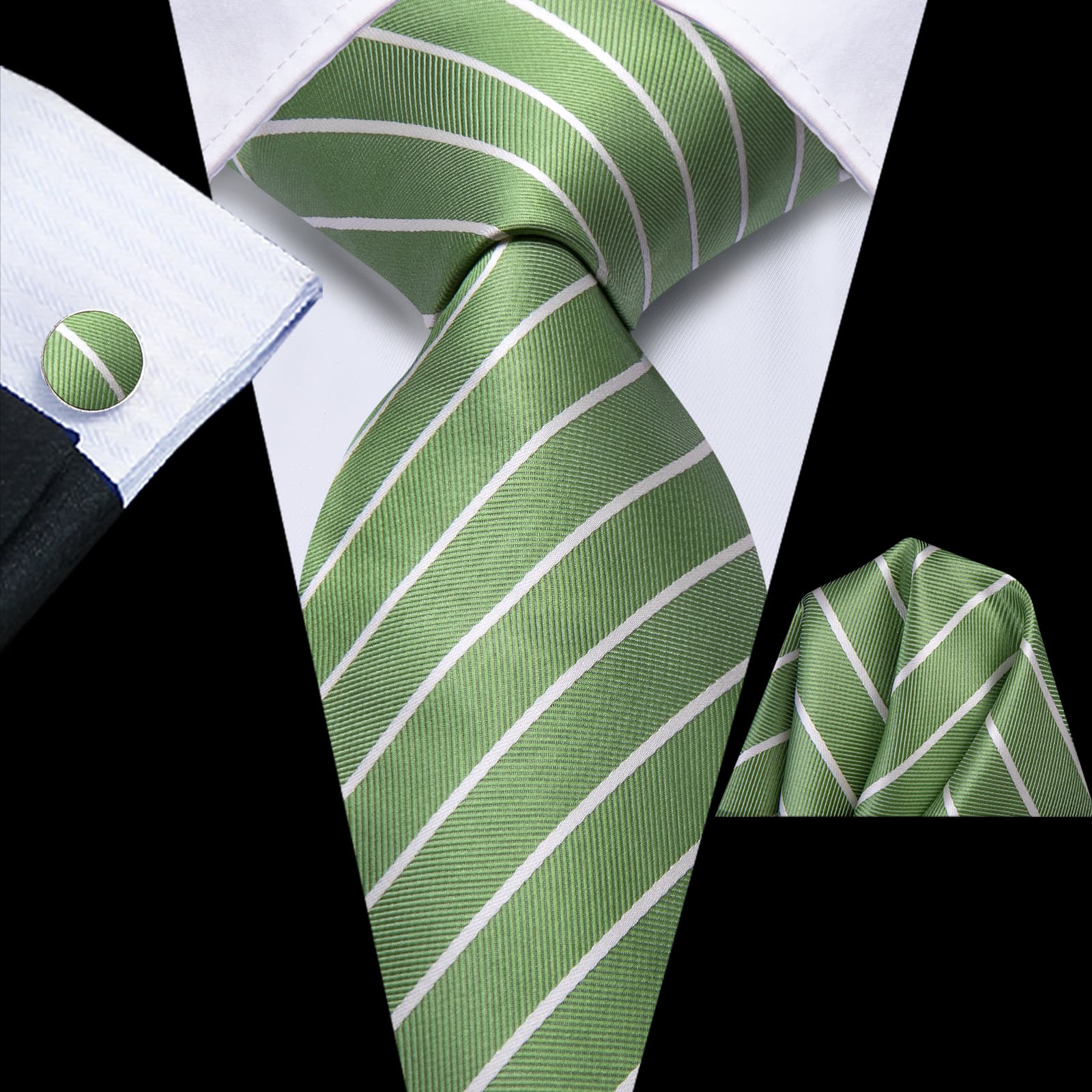 Hi-Tie Sage Green Striped Silk Mens Tie Handkerchief Cufflinks Set