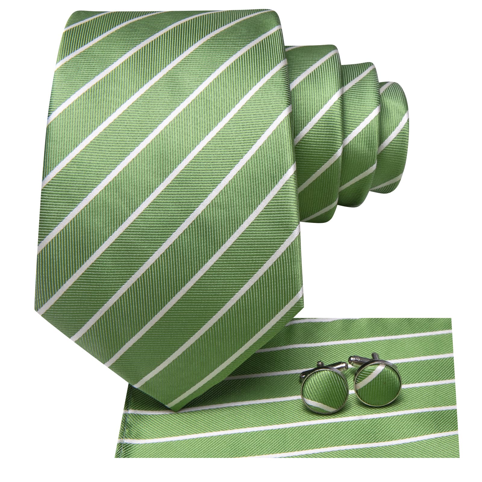 Hi-Tie Sage Green White Striped Silk Mens Tie Pocket Square Cufflinks Set