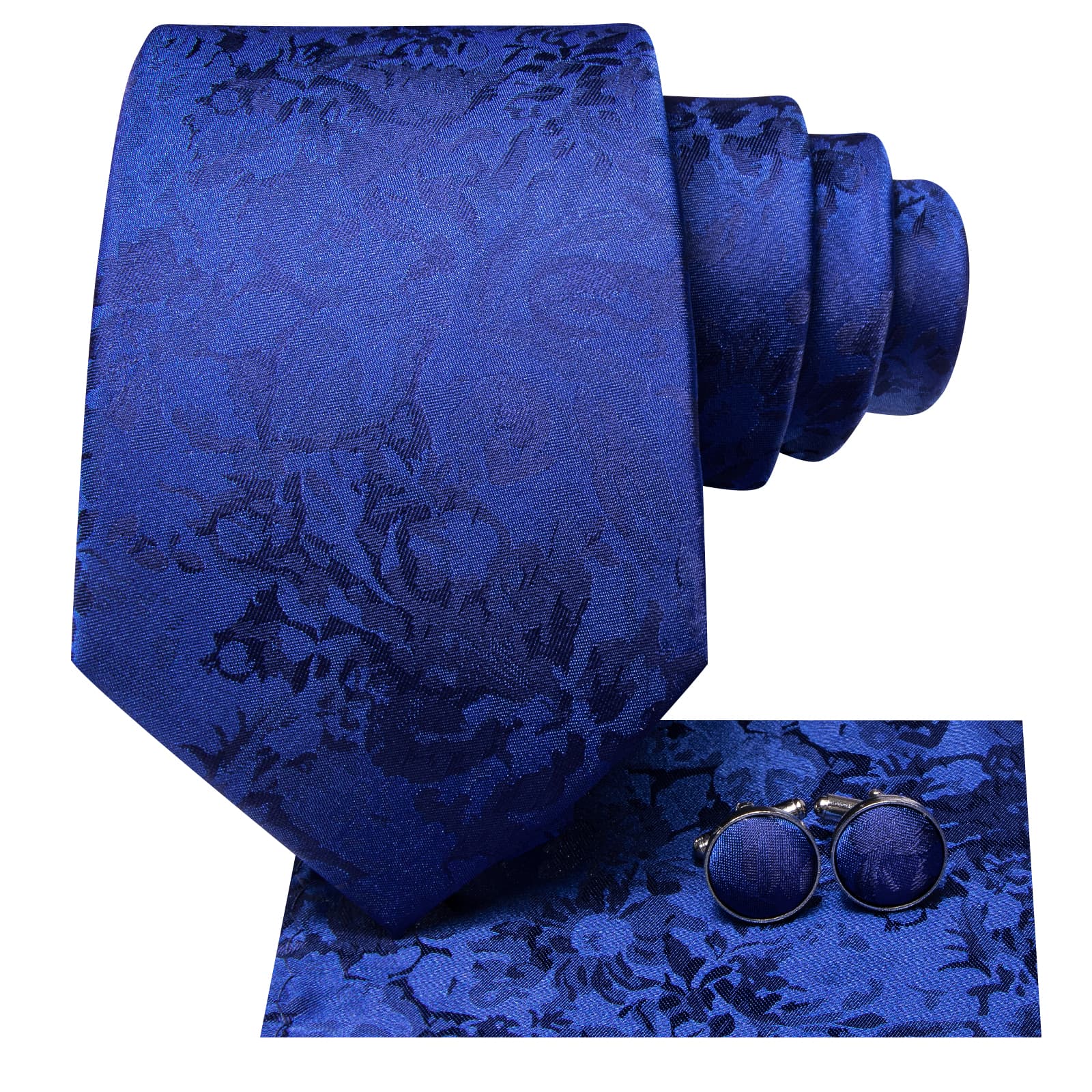 Hi-Tie Dark Blue Floral Silk Mens Tie Pocket Square Cufflinks Set