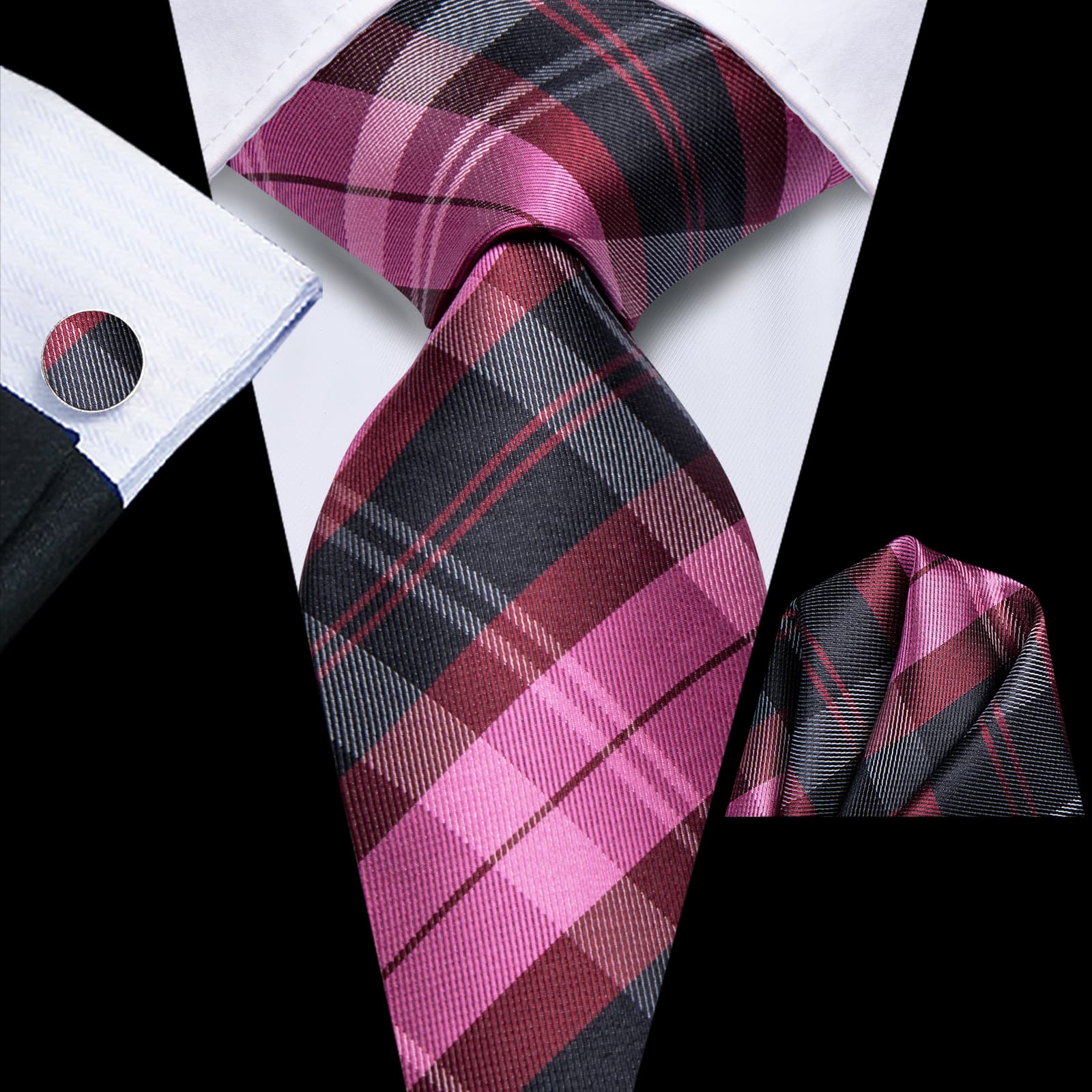 Hi-Tie Purple Black Plaid Silk Mens Tie Handkerchief Cufflinks Set
