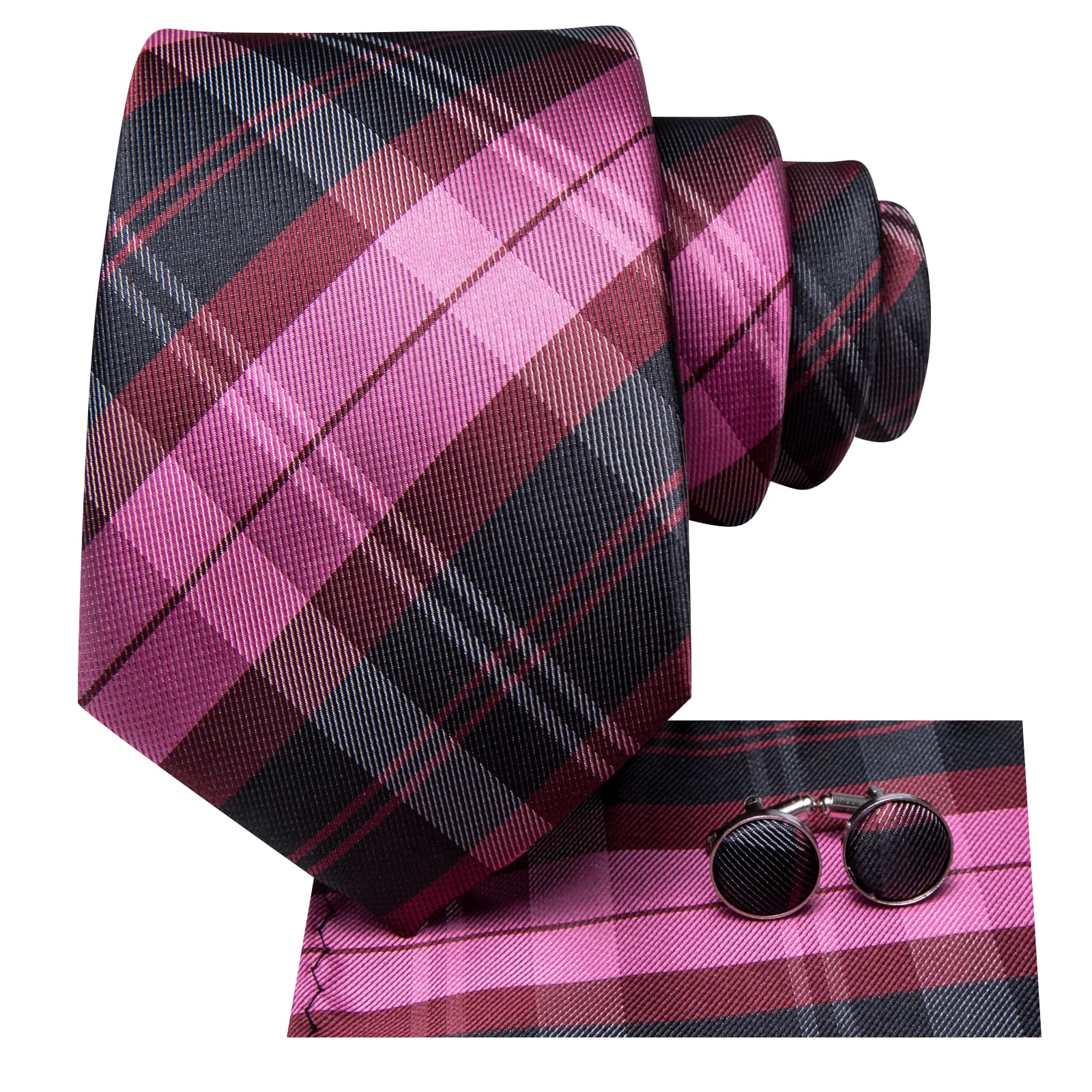 Hi-Tie Purple Black Plaid Silk Mens Tie Handkerchief Cufflinks Set