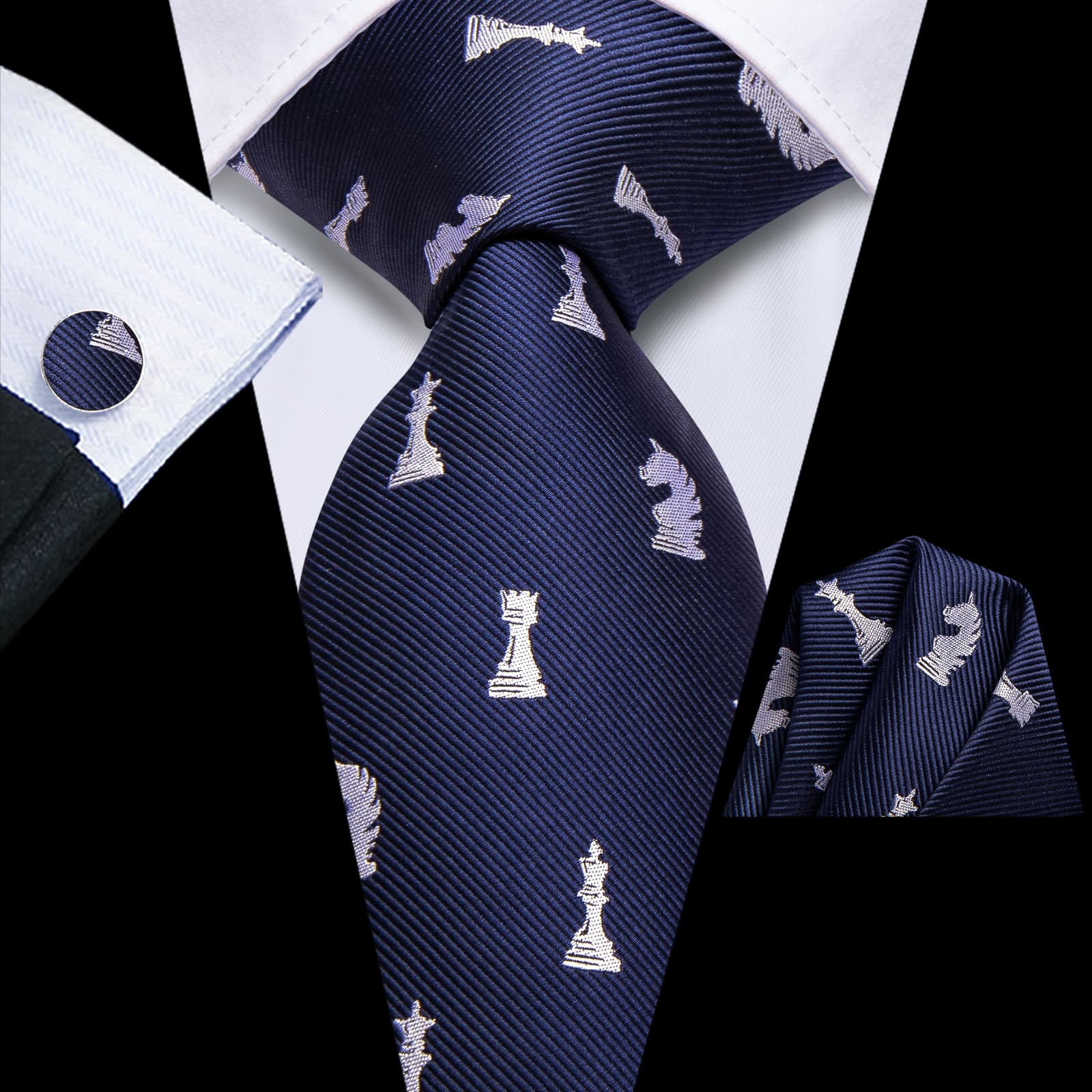 Hi-Tie Navy Blue Chess Game Pieces Novelty Silk Men's Necktie Set