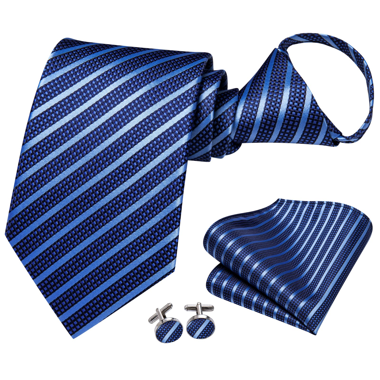 Zipper Necktie Royal Blue Ties Sky Blue Stripes Men's Tie Set