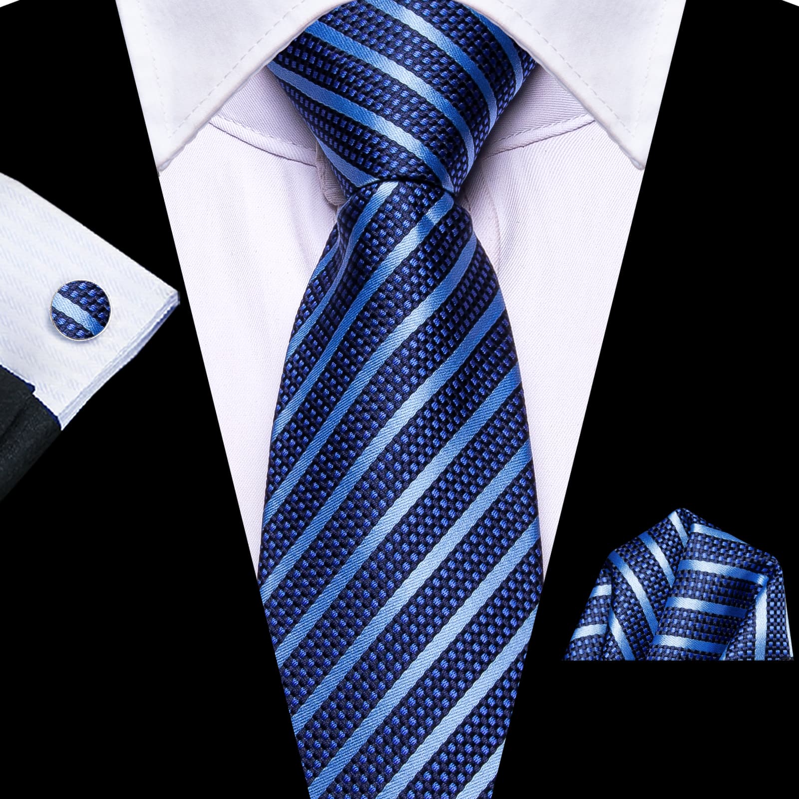 Zipper Necktie Royal Blue Ties Sky Blue Stripes Men's Tie Set