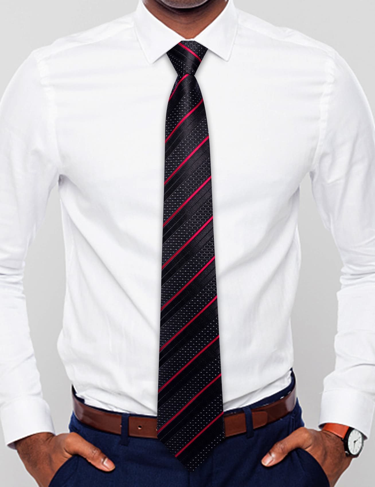 Black Tie White Dots Red Stripes Men's Novelty Pre-Tied Tie Set
